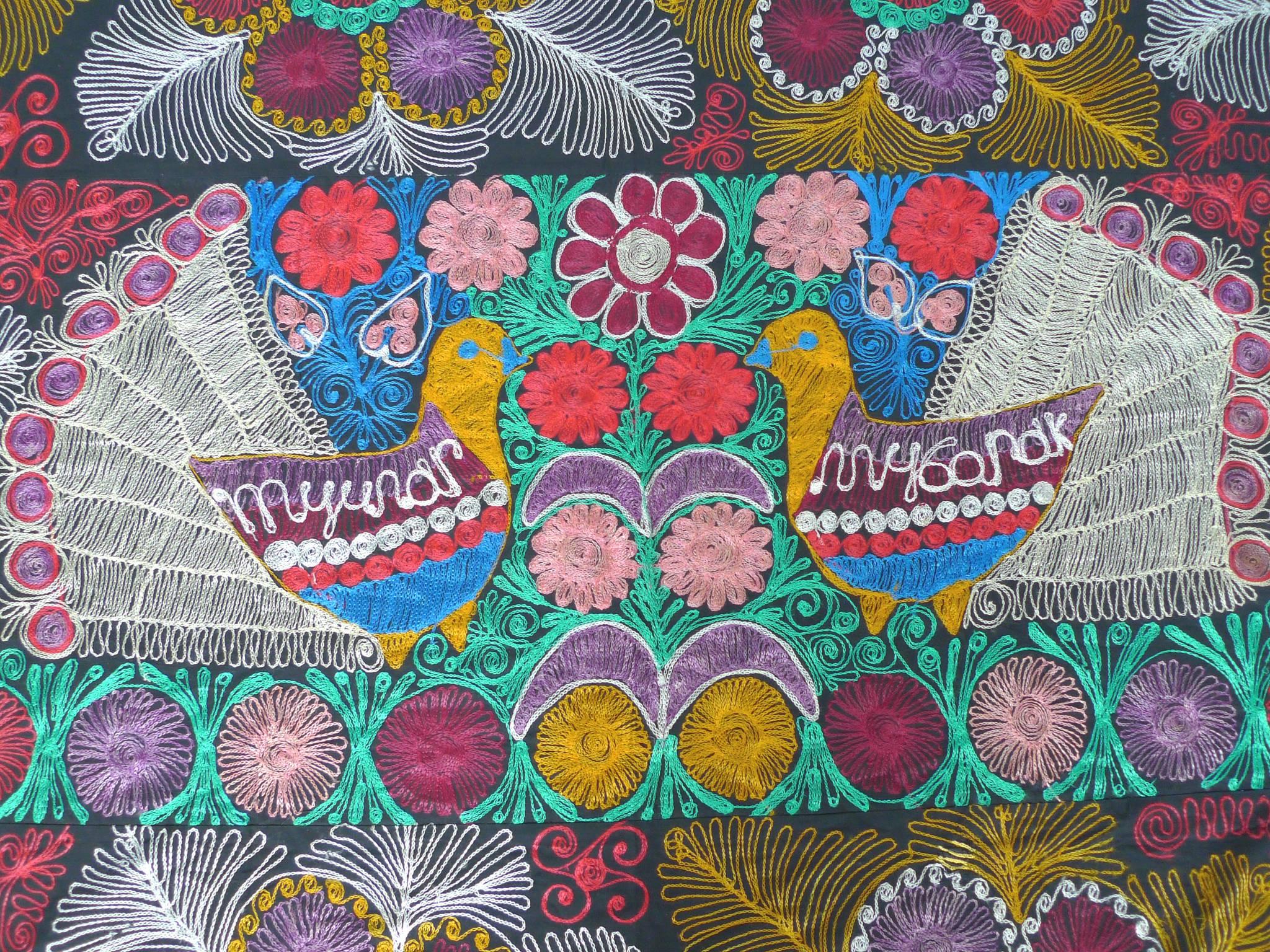 Uzbek 20th Century Embroidered Silk Suzani Tapestry