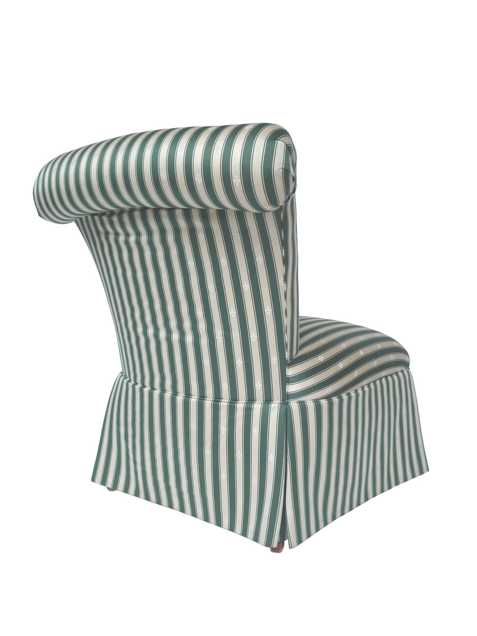 Pair of Henredon Striped Silk Slipper Chairs In Fair Condition In New York, NY