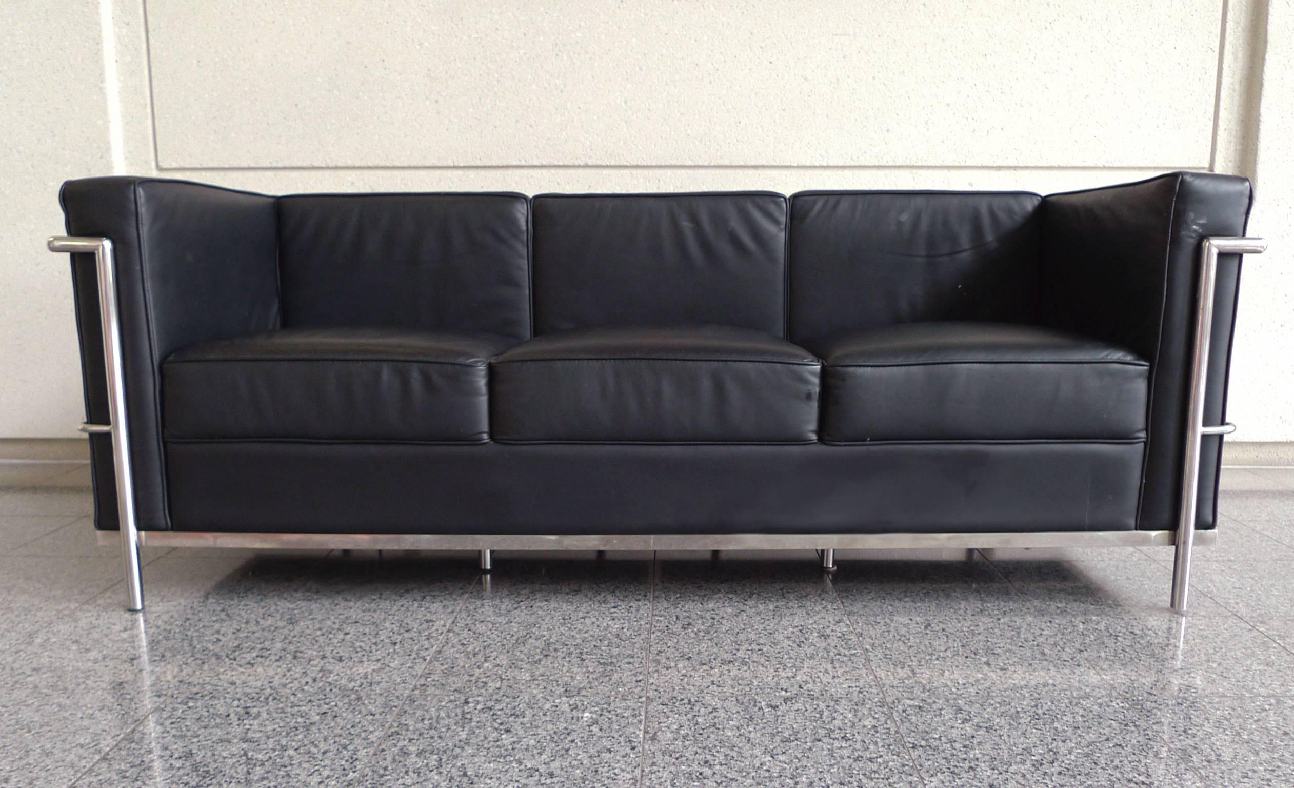 Steel Black Leather Sofa in the Style of Le Corbusier