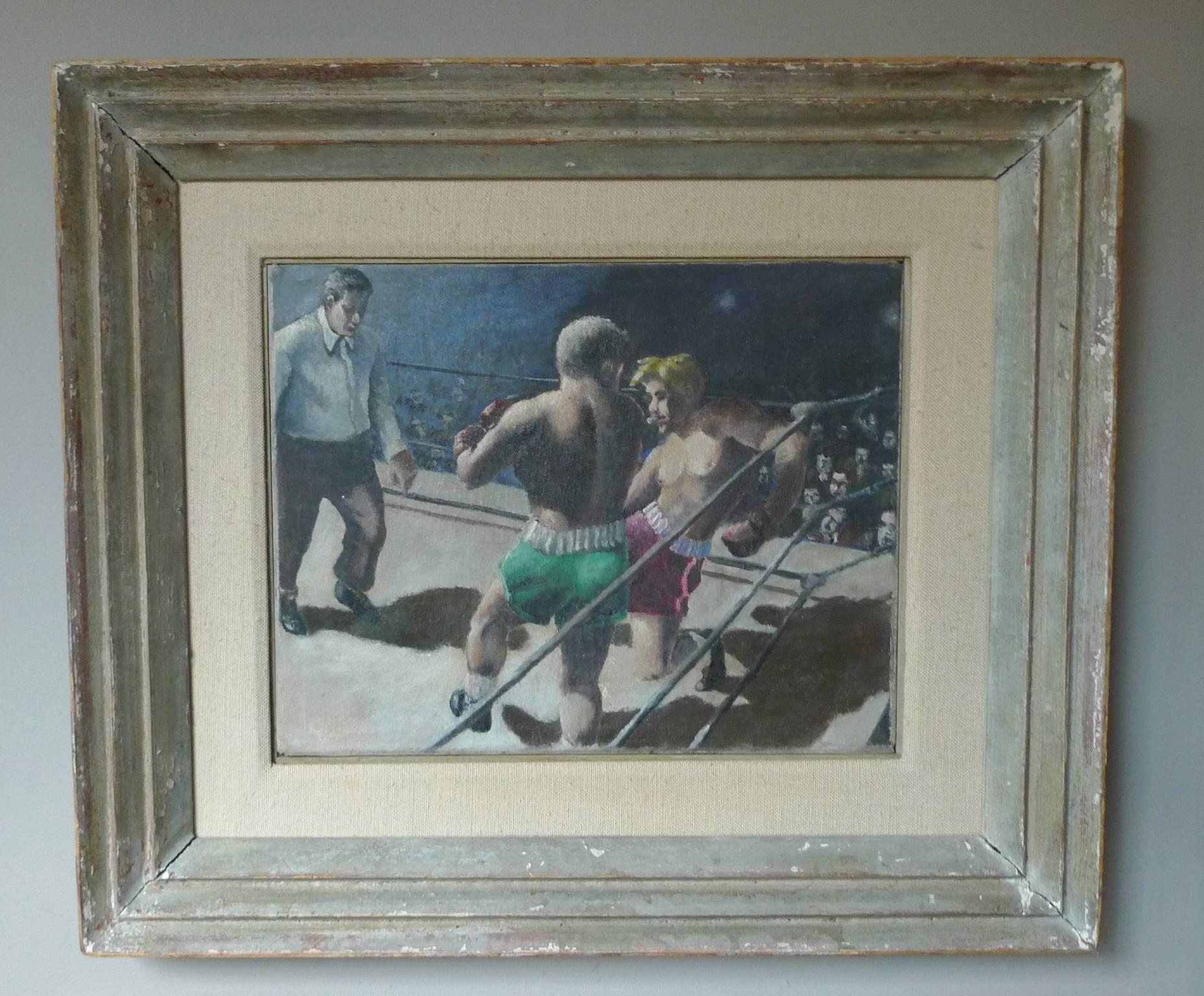 This small oil painting by an unknown artist is titled "Boxing Match". It calls to mind the work of American painter and illustrator Robert Riggs, who also painted dramatic, stylized pictures of boxers in action. The painting's figures are