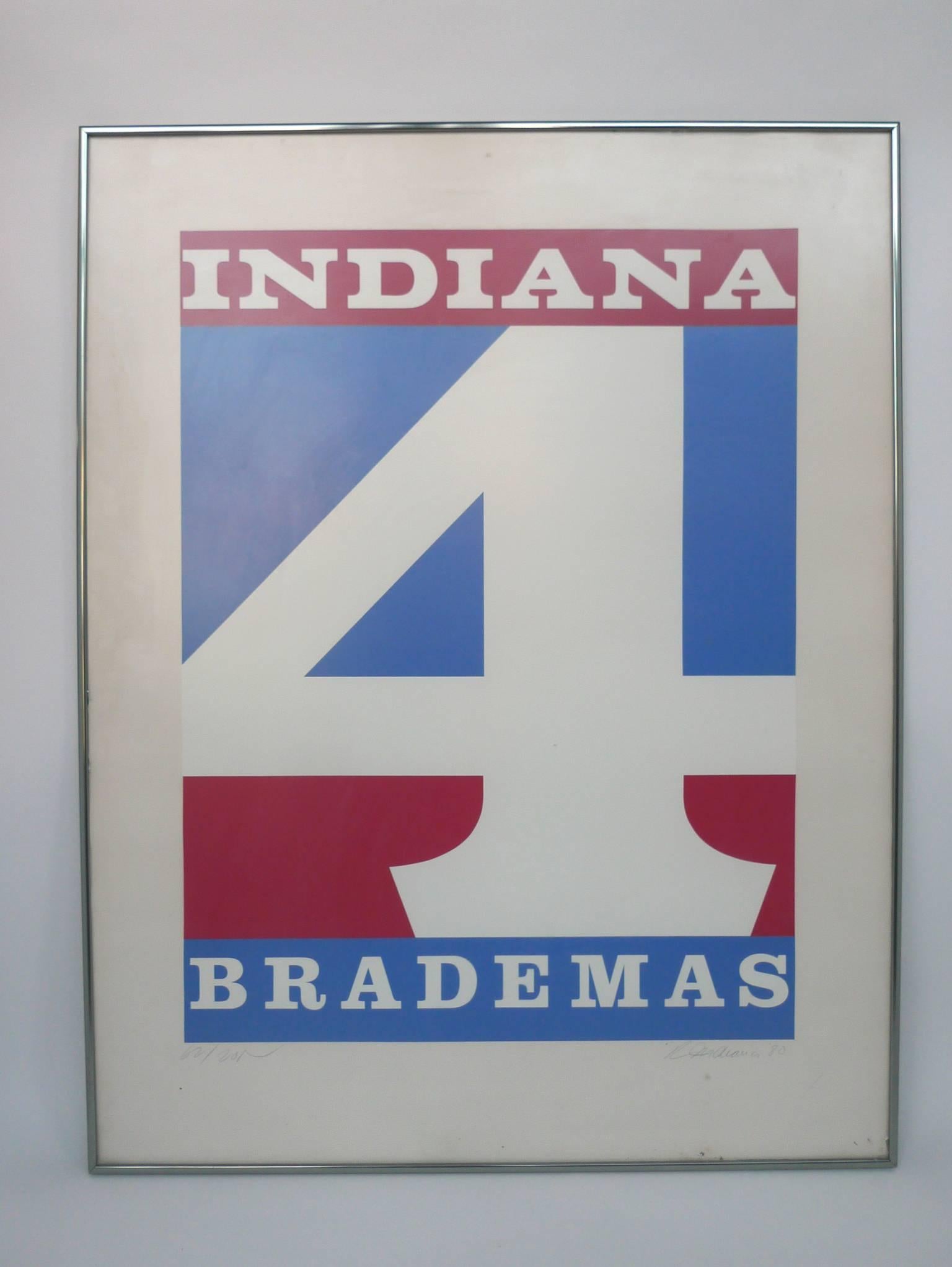 This screen-print is by Robert Indiana, whose iconic work "Love" is ubiquitously recognized and celebrated in its various forms, from sculpture to poster. This screen-print was created as part of a 1980s Campaign fundraiser for John