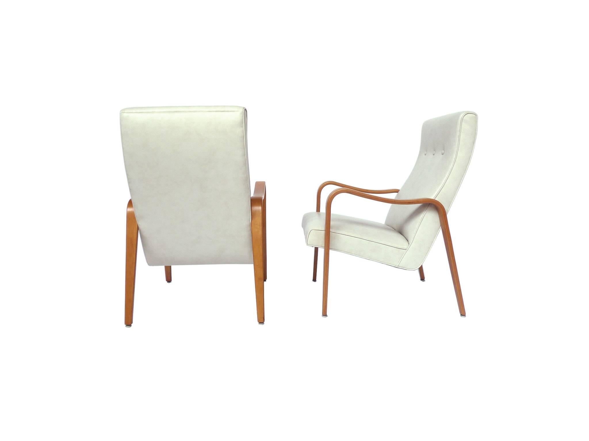 American Pair of Thonet Midcentury Bentwood White Marine Vinyl Lounge Chairs