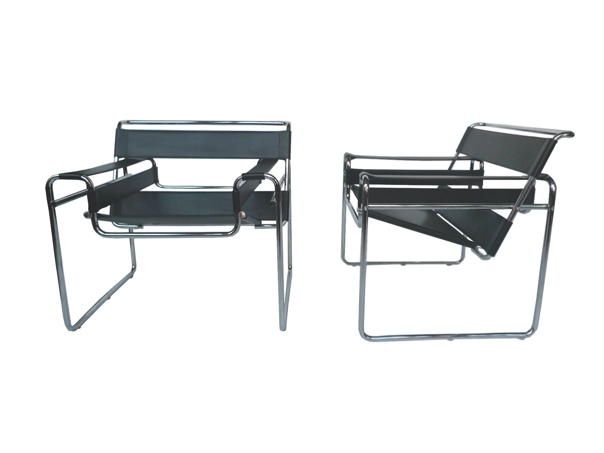 Modern Black Leather and Steel Wassily Chairs by Marcel Breuer, Pair
