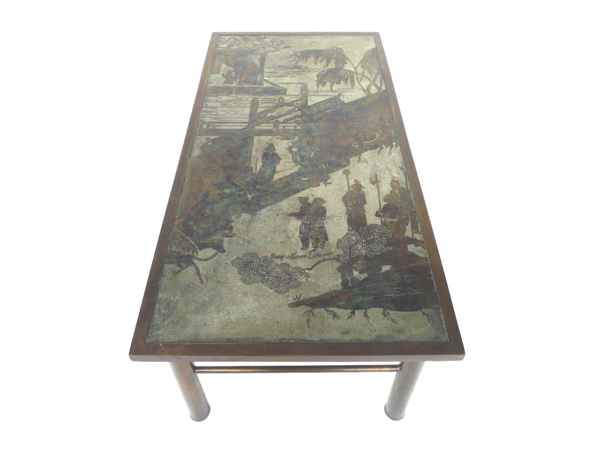 Philip and Kelvin LaVerne, a father-and-son team, created limited-edition furniture with their signature painterly touch, often rendering elaborate pastoral scenes through metalwork. This rectangular bronze coffee table was made circa 1960s-1970s.