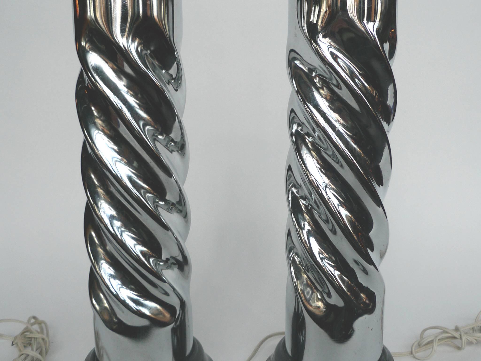 Enameled Midcentury Chrome Spiral Table Lamps, Pair