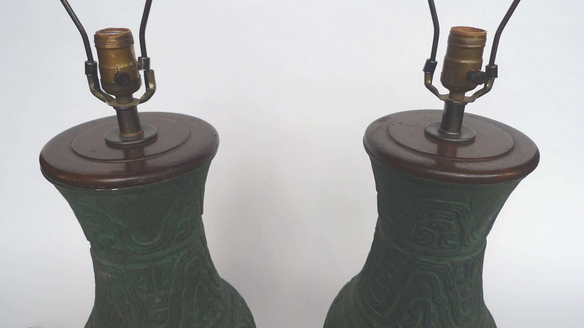 20th Century Chinese Green Bronze Table Lamps, Pair 1