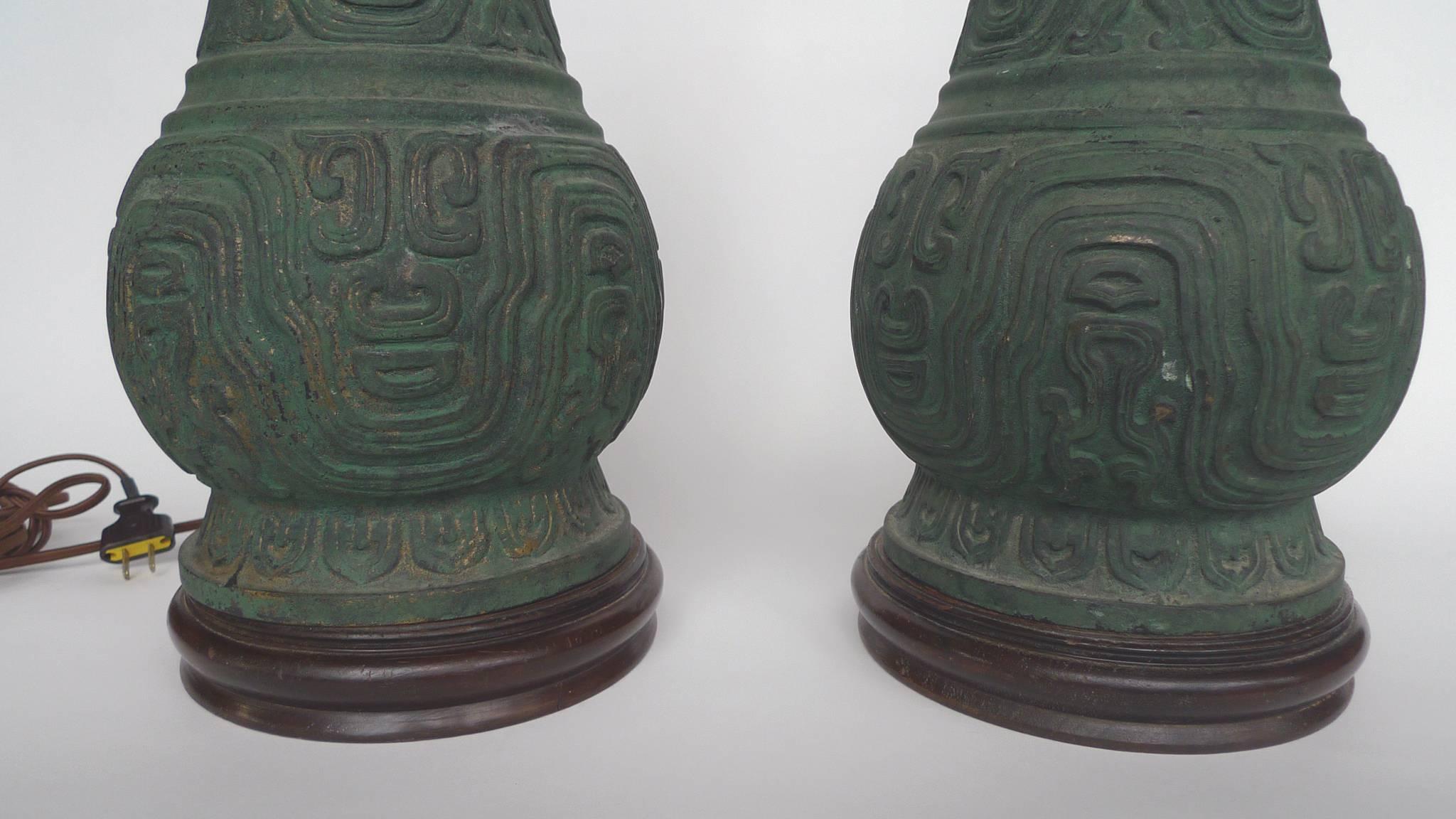 20th Century Chinese Green Bronze Table Lamps, Pair 3