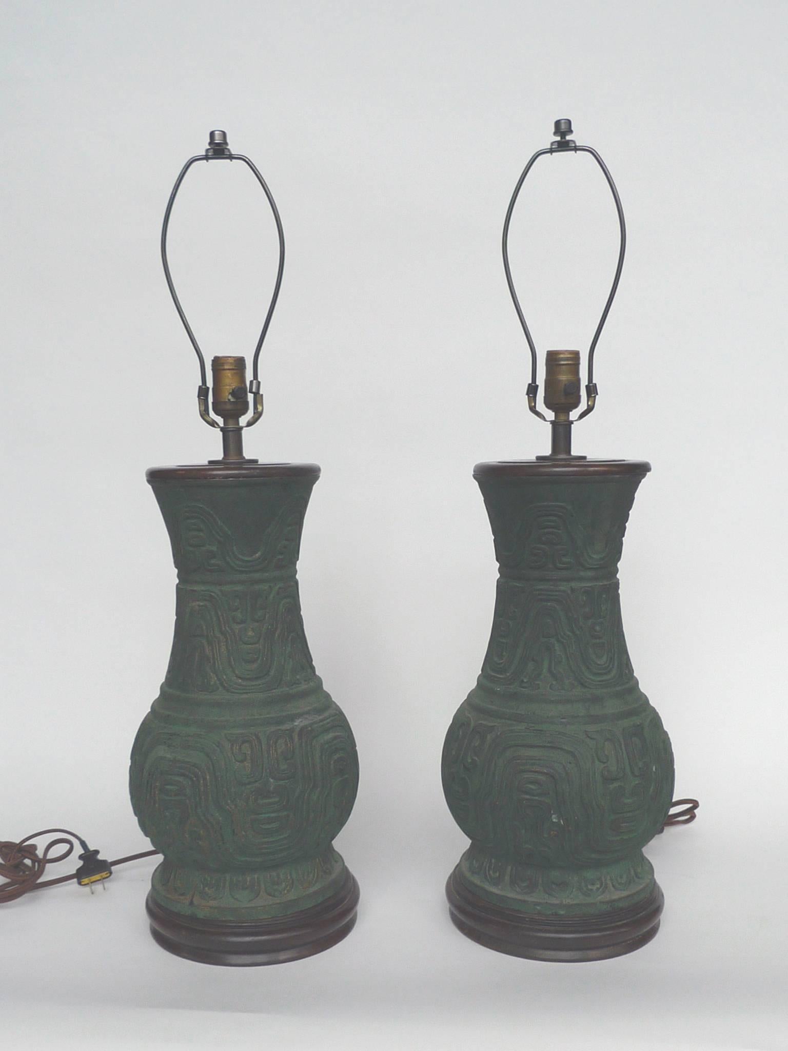Wood 20th Century Chinese Green Bronze Table Lamps, Pair
