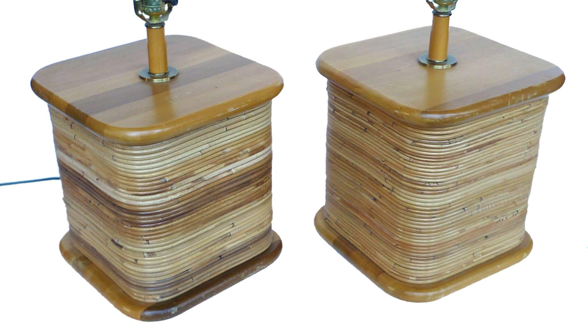 Brass Pair of Rattan Table Lamps in the Style of Paul Frankl
