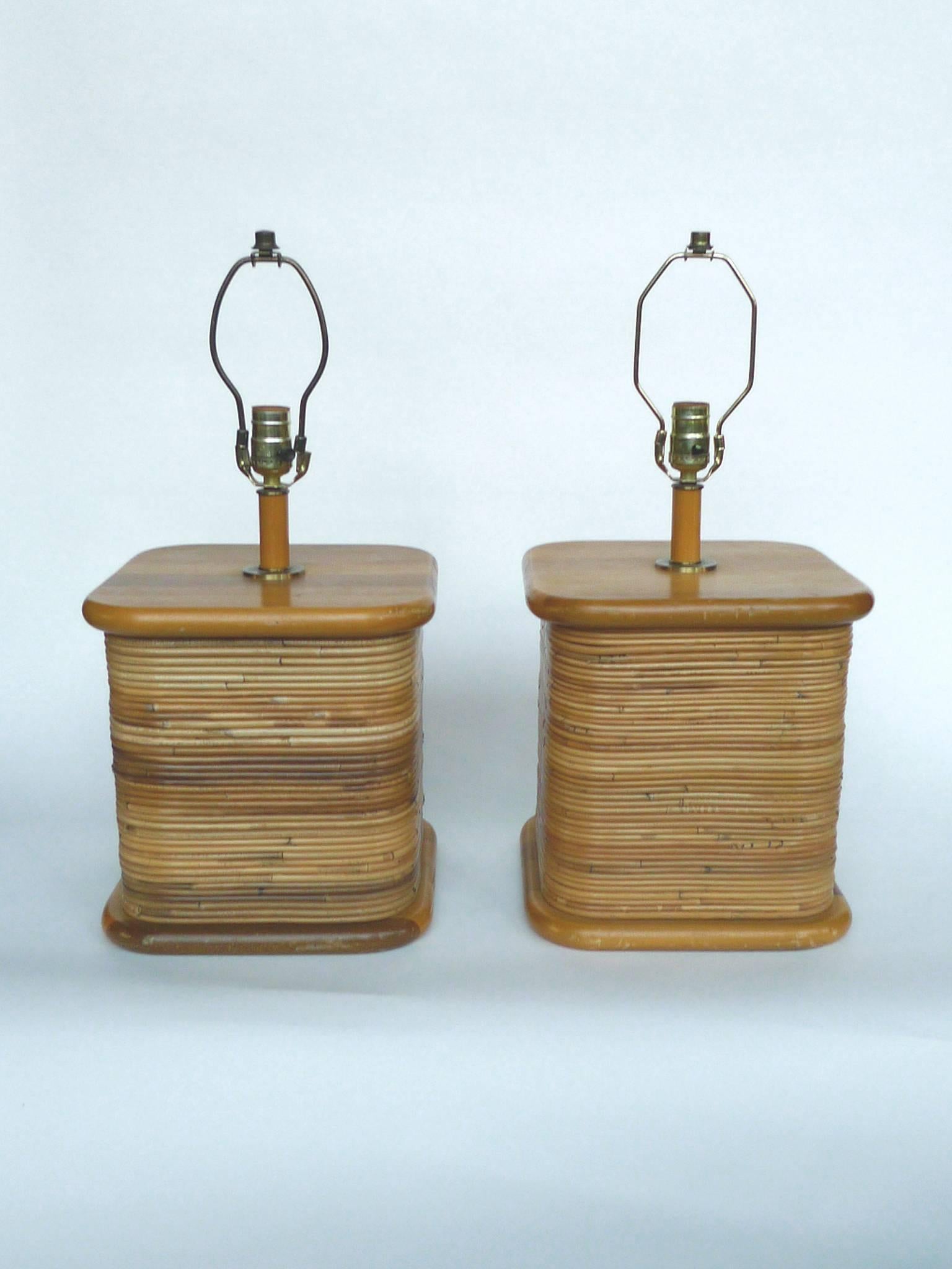 Modern Pair of Rattan Table Lamps in the Style of Paul Frankl