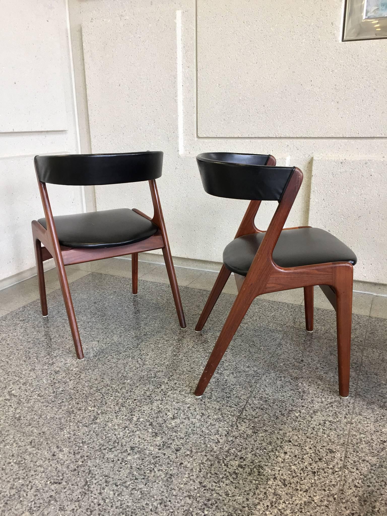 Faux Leather Set of Six Midcentury Danish Teak and Black Skai Dining Chairs by Omann Jun