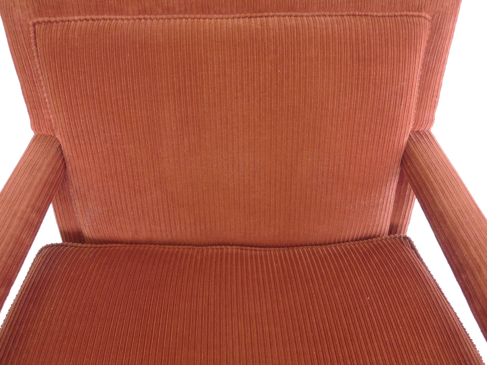 Cotton 1970s Carmine-Orange Corduroy Armchairs in the Style of Milo Baughman
