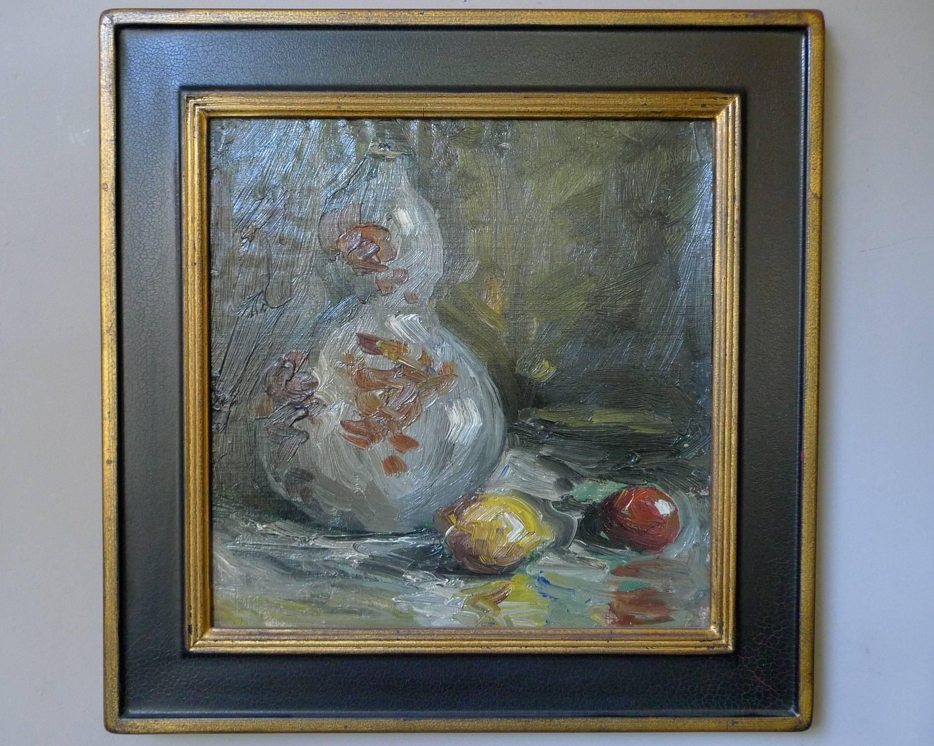 This still-life oil painting is by Merton Clivette (1868-1931), a distinguished artist, writer, and entertainer (among many of his talents). He is well-known for his expressionist paintings, with loose and dynamic brushwork. Clivette's work has been