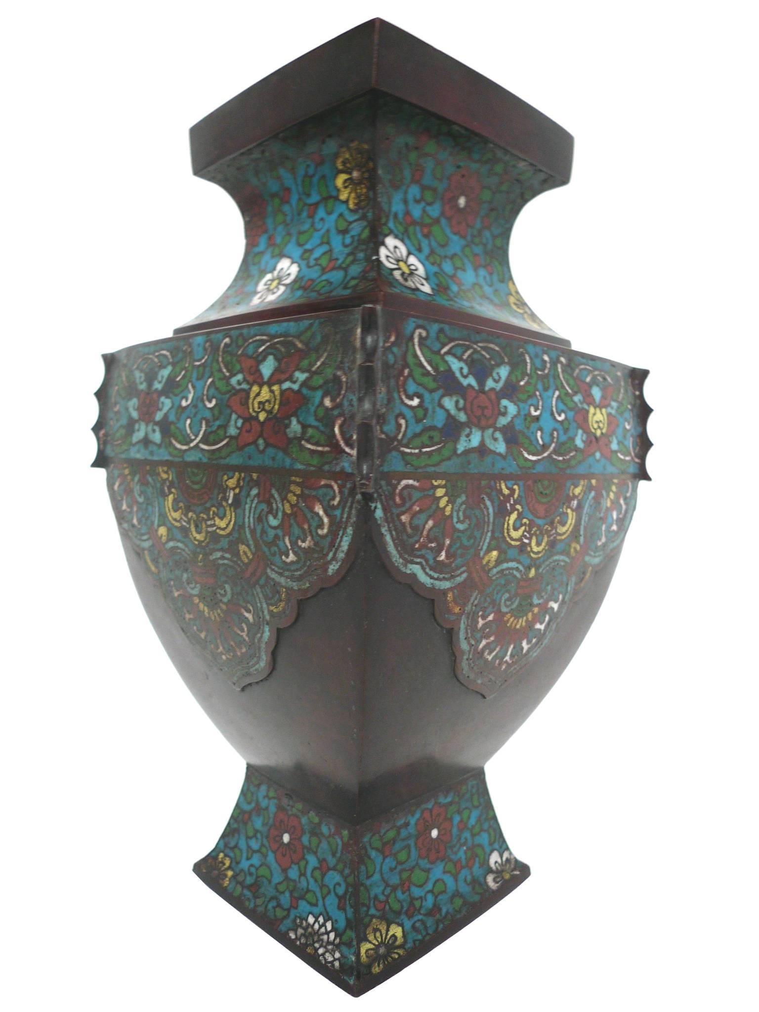 Pair of Antique Asian Bronze Urns with Cloisonné In Good Condition In New York, NY