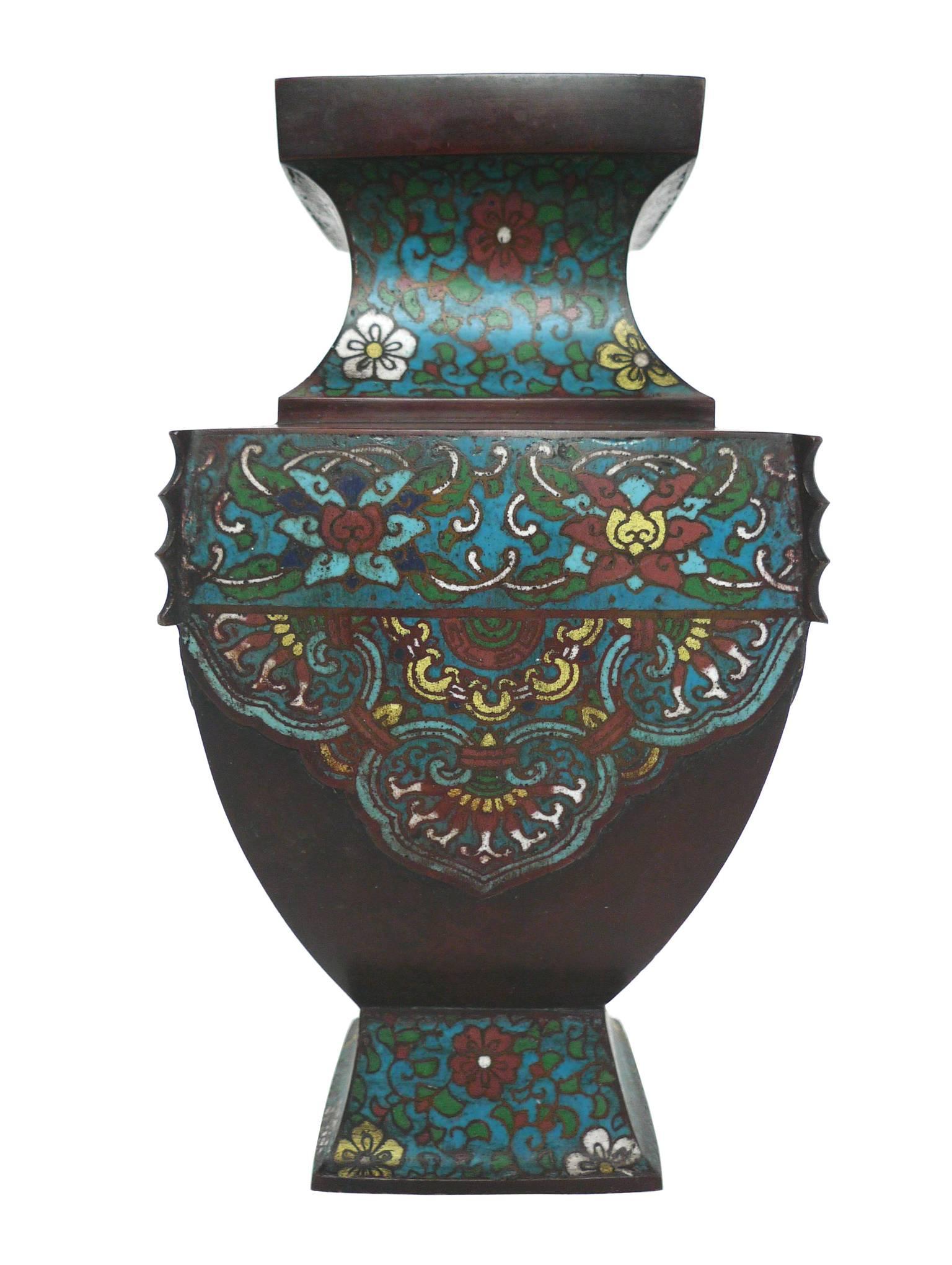 Cloissoné Pair of Antique Asian Bronze Urns with Cloisonné