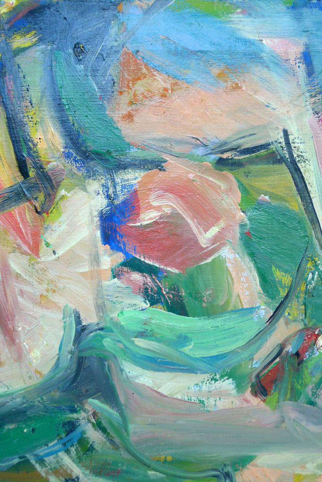 In this horizontal oil painting, something between landscape and abstraction, various hues appear to thrash violently against each other yet come together in one picture. Emily Farnham was an artist, writer, and professor. She studied with painter