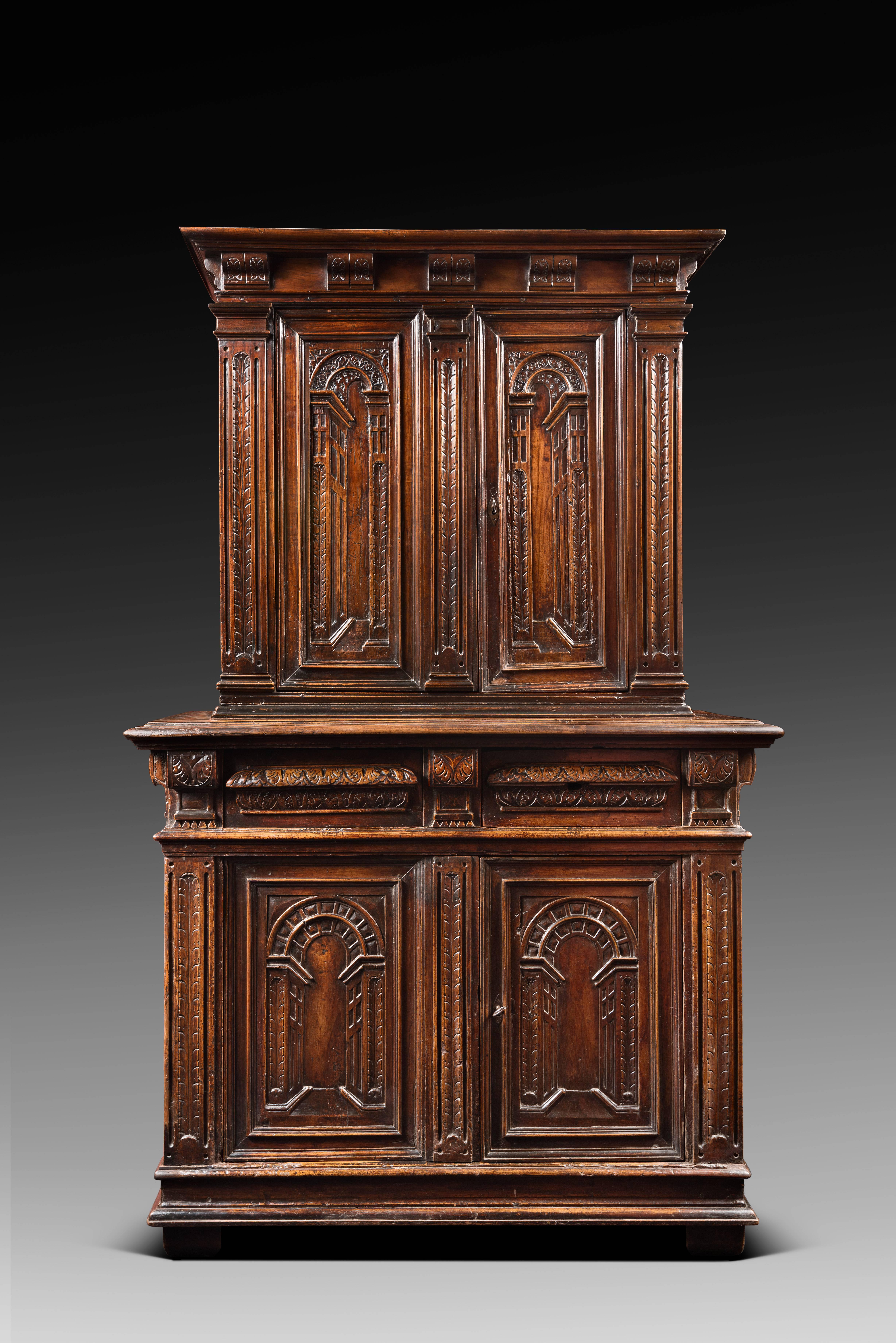 French Cabinet of Renaissance Period with Decor of Perspectives in 'Trompe l'oeil' For Sale