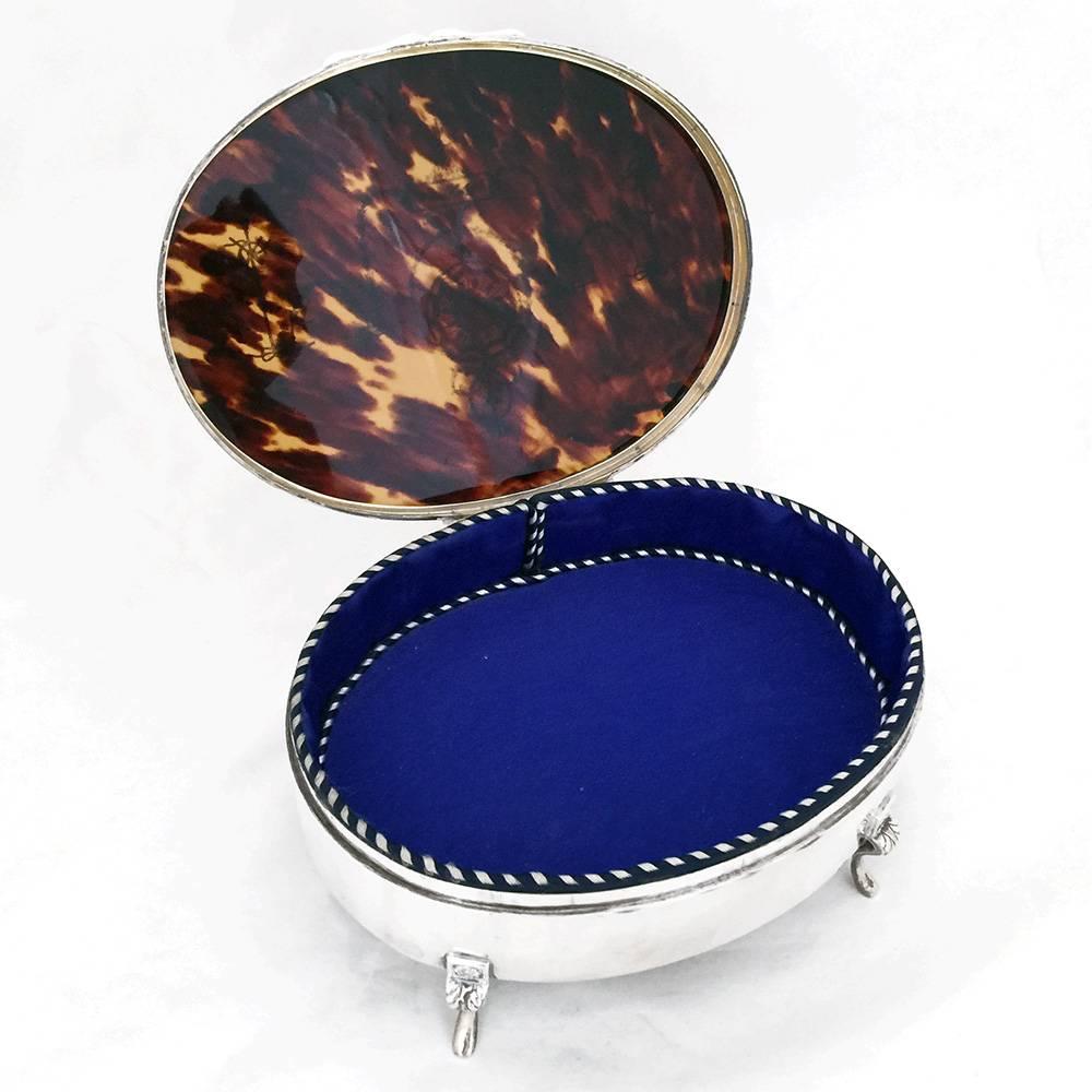 English Art Nouveau Inlaid Tortoise Shell and Silver Jewelry Box For Sale
