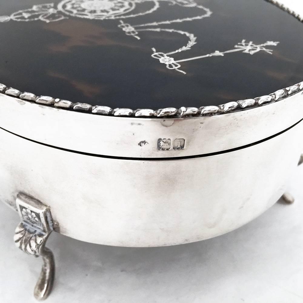 Art Nouveau Inlaid Tortoise Shell and Silver Jewelry Box In Excellent Condition For Sale In Singapore, SG