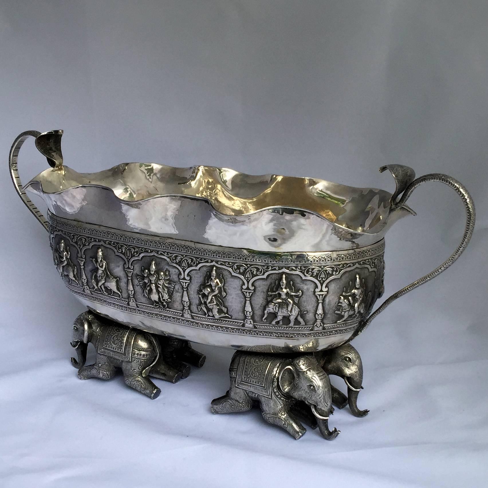 An exceptionally heavy sterling silver Jardiniere from Madras, Southern India. Dating from the last quarter of the 19th century this wonderful piece must have been specially crafted for a member of the British Raj. The caparisoned solid silver