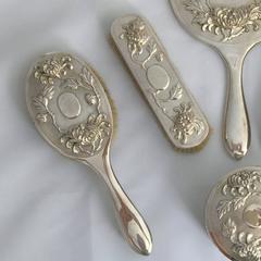 Chinese Export Silver Six-Piece Vanity Set with Repousse Worked Chrysanthemums