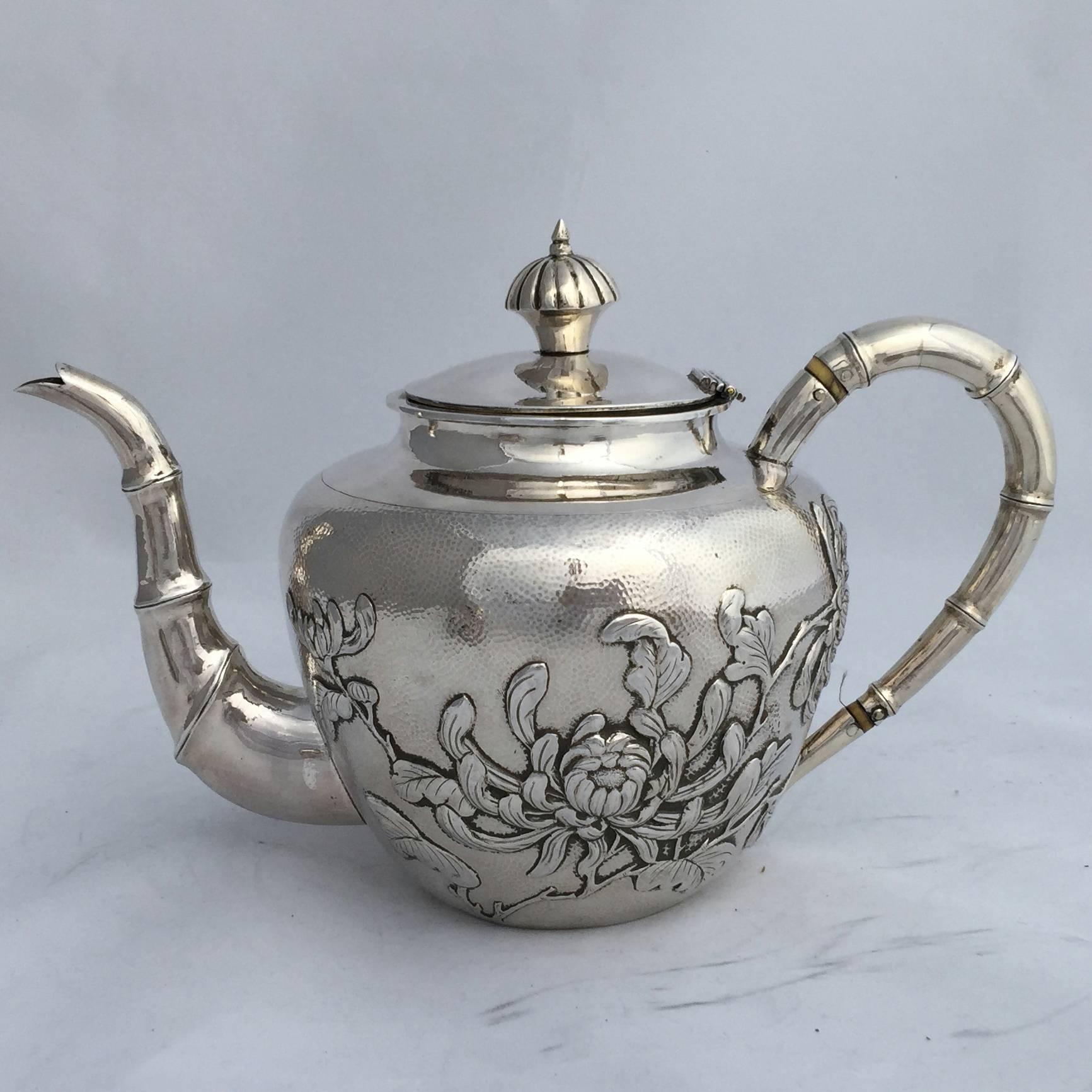 Hong Kong Chinese Export Silver Three-Piece Tea Set with Chrysanthemum Detail Dating For Sale