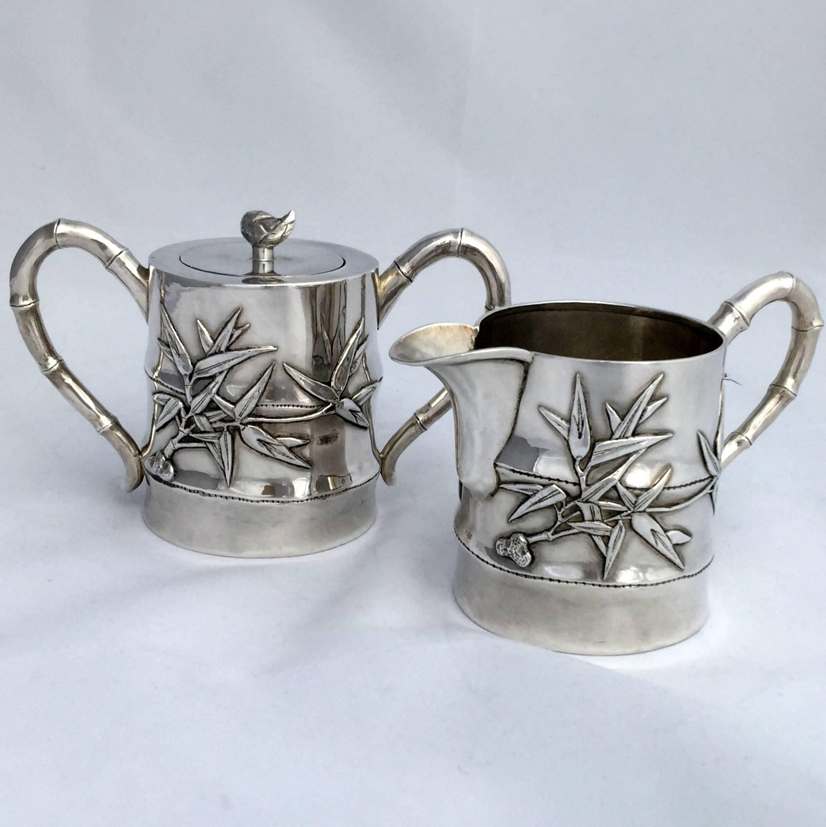 Chinese Export Silver Bamboo Motif Art Deco Four-Piece Tea and Coffee Set In Excellent Condition For Sale In Singapore, SG