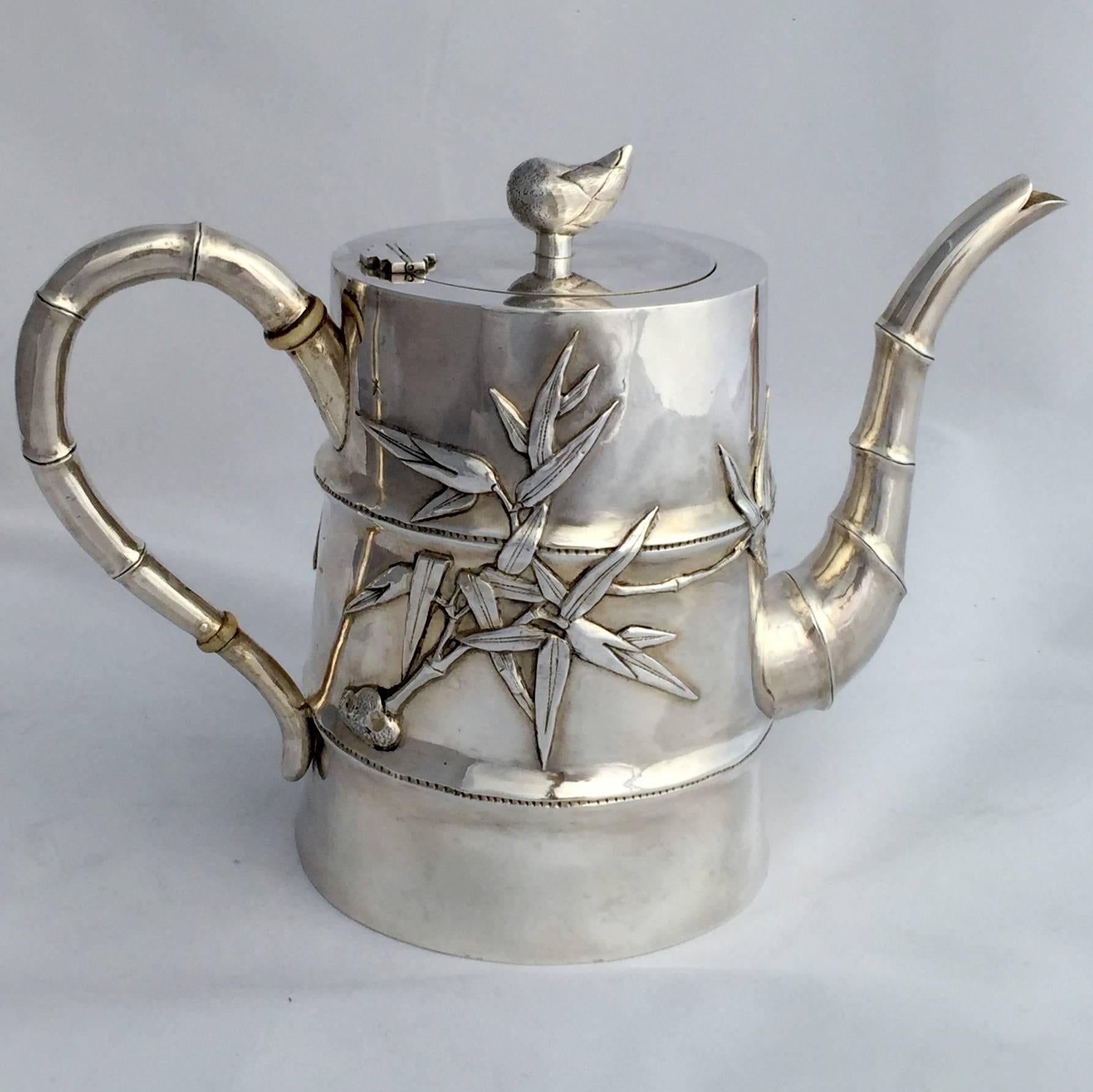 Repoussé Chinese Export Silver Bamboo Motif Art Deco Four-Piece Tea and Coffee Set For Sale