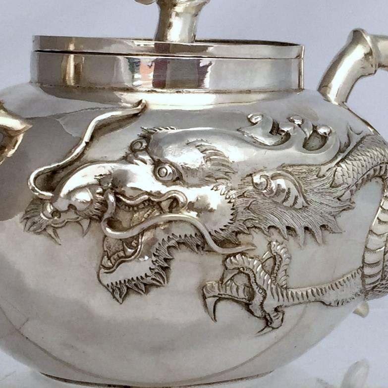 Late 19th Century Chinese Export Three-Piece Dragon Tea Set by Kuen Wo For Sale 2