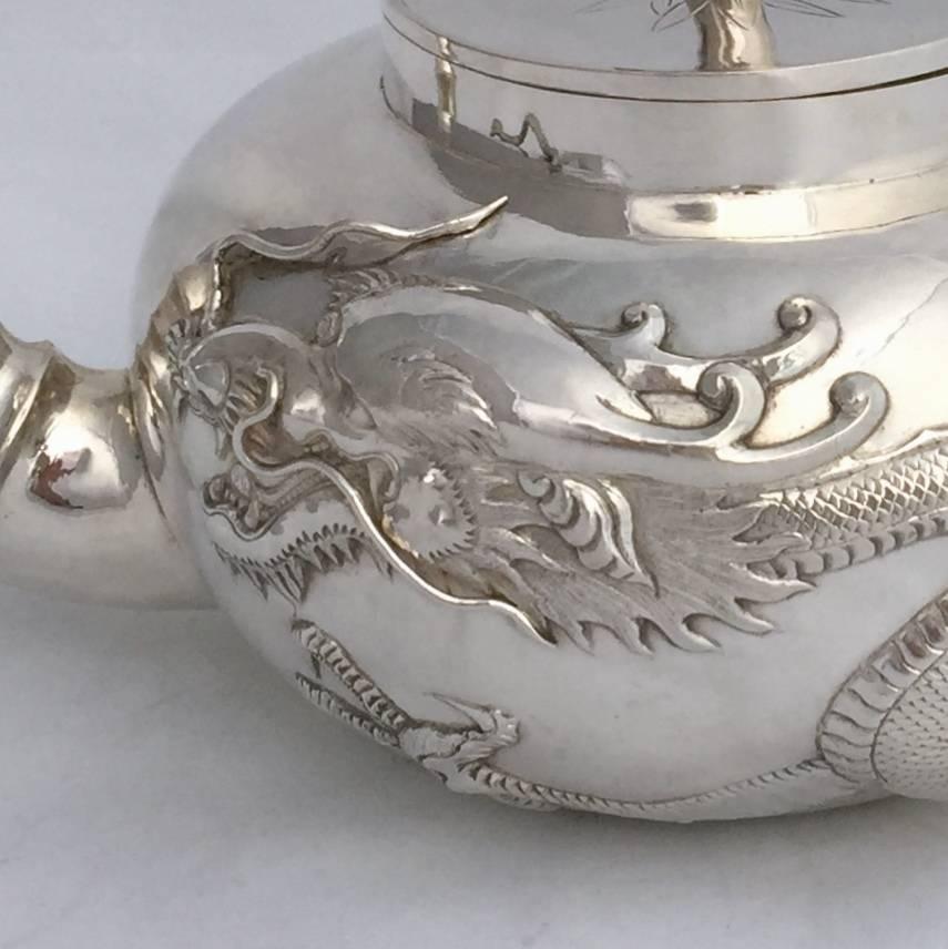 Silver Late 19th Century Chinese Export Three-Piece Dragon Tea Set by Kuen Wo For Sale