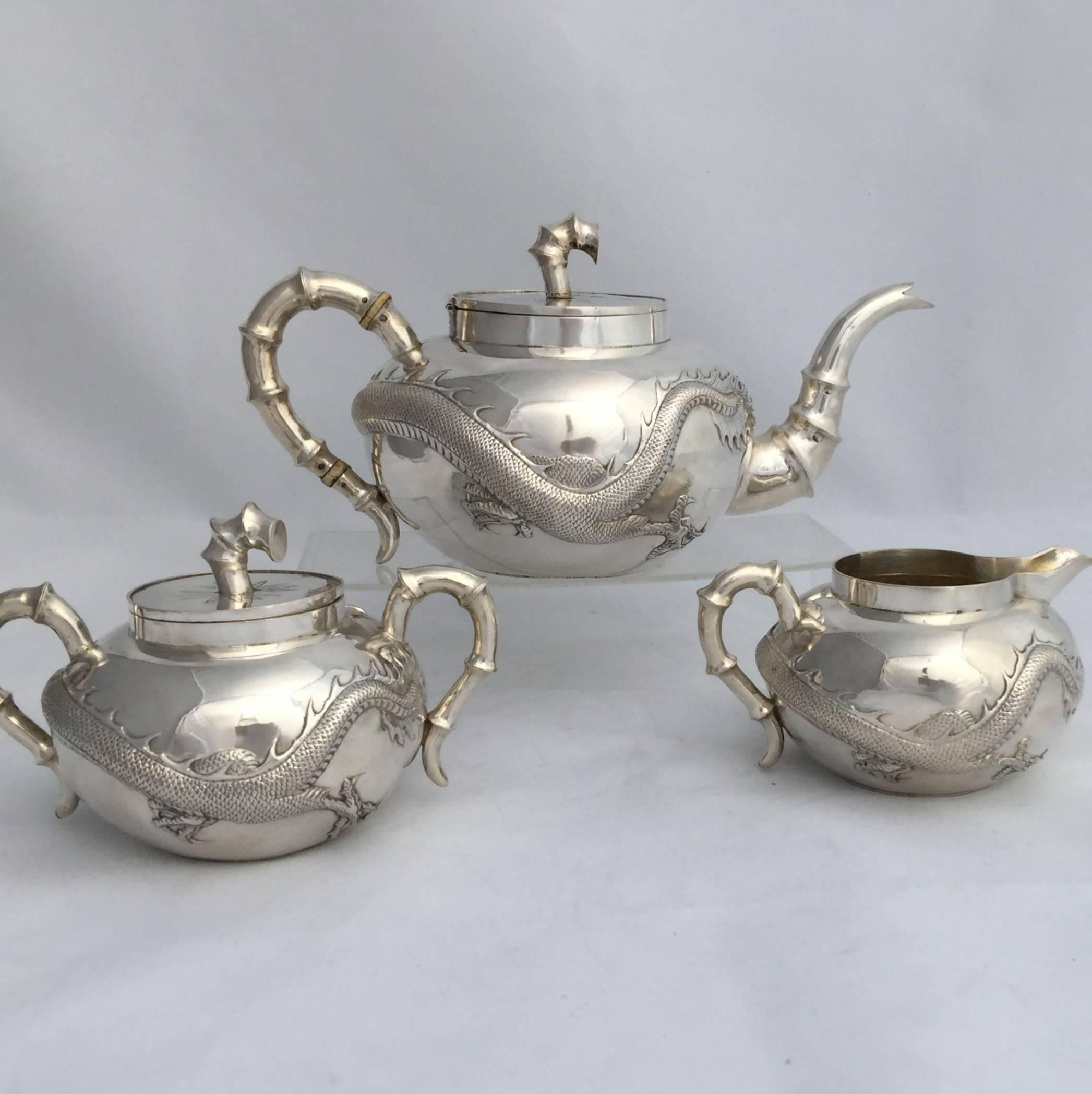 Late 19th Century Chinese Export Three-Piece Dragon Tea Set by Kuen Wo In Excellent Condition For Sale In Singapore, SG