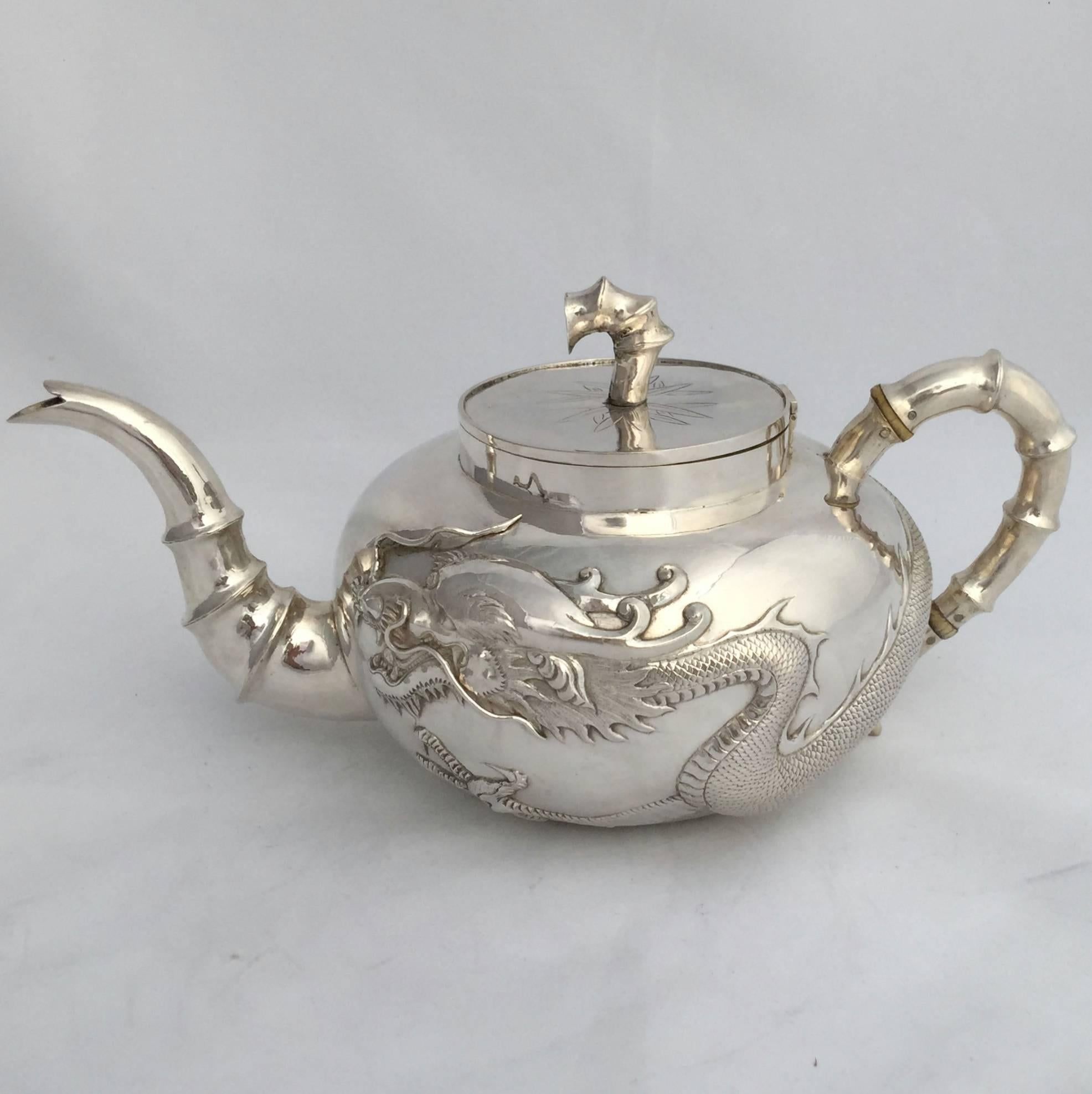 Repoussé Late 19th Century Chinese Export Three-Piece Dragon Tea Set by Kuen Wo For Sale