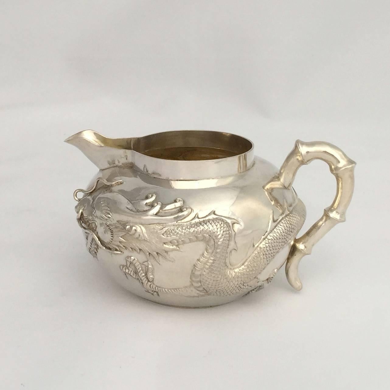 Late 19th Century Chinese Export Three-Piece Dragon Tea Set by Kuen Wo For Sale 1