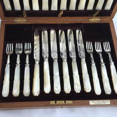 Boxed Set of Twelve Mother-of-Pearl Handled English Sterling Silver Eaters