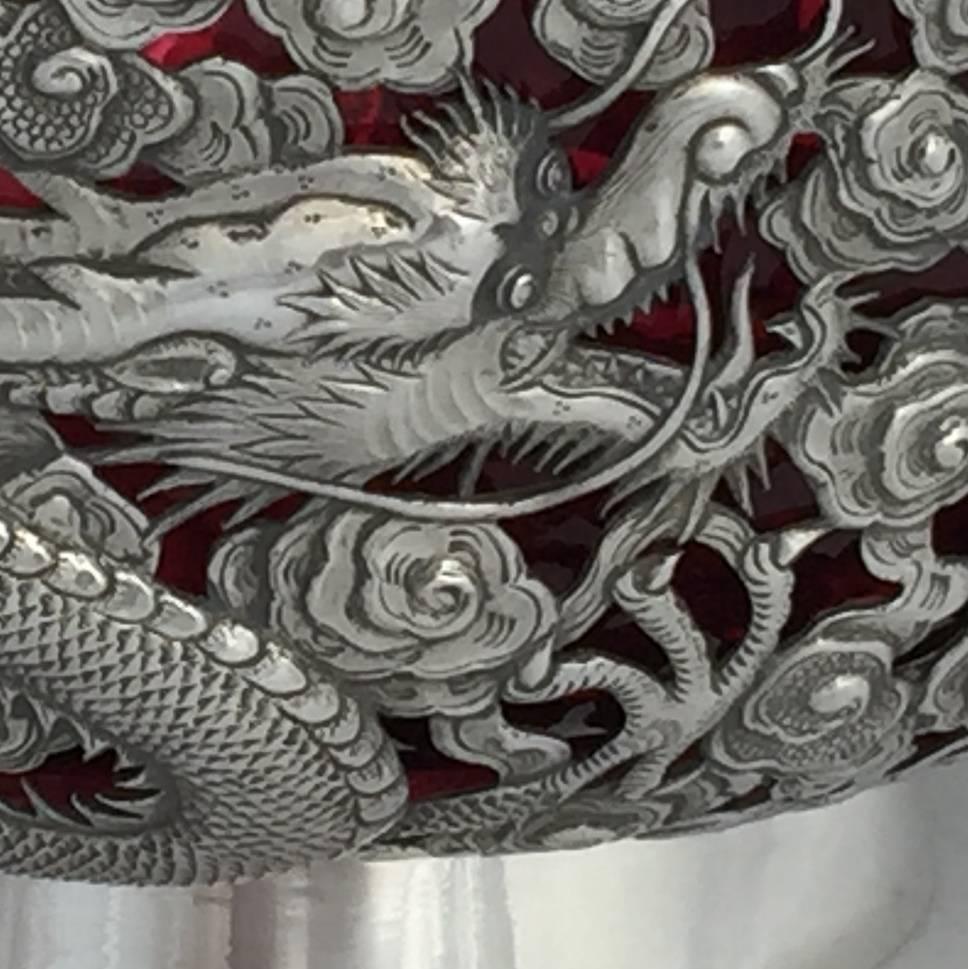 Hong Kong Chinese Export Silver Curved Dragon Bowl with Cranberry Glass Liner For Sale