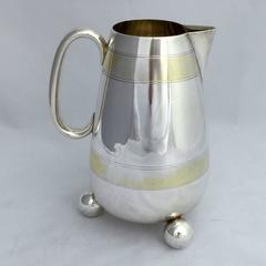 Victorian English Sterling Silver Water Jug with Gilded Bands in Art Deco Style
