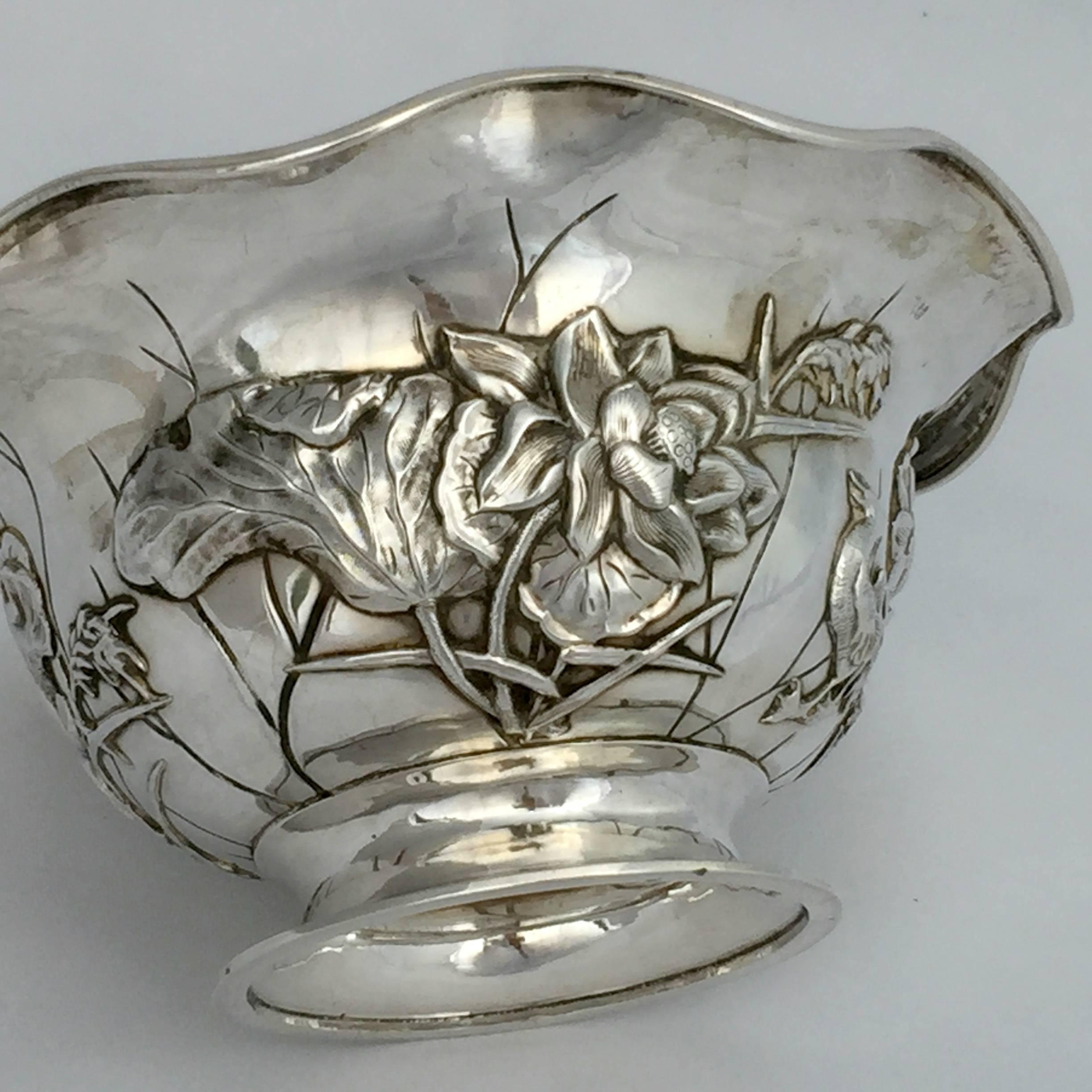 Chinese Export Silver Bowl by Luen Wo with Lotus Detail 1