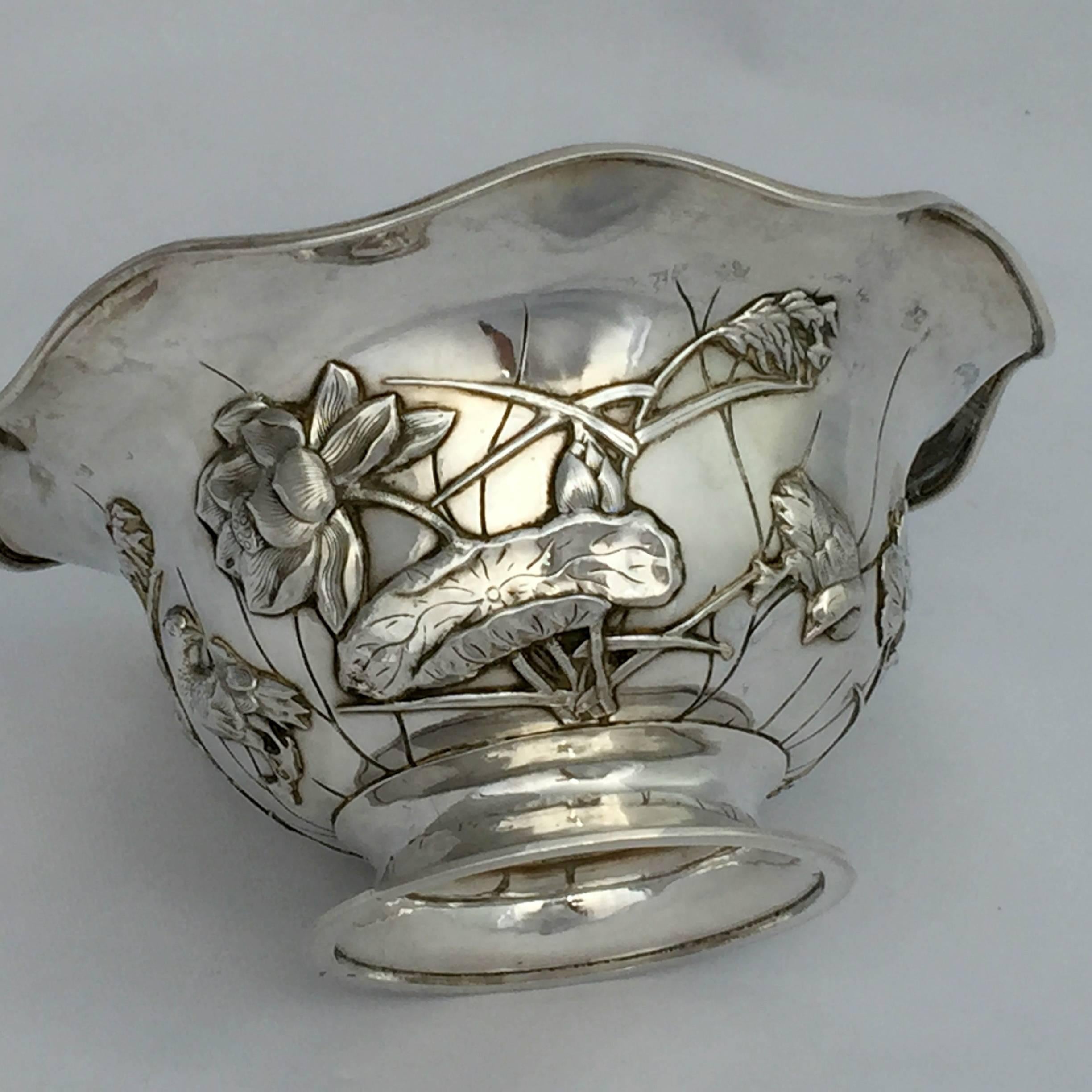 Chinese Export Silver Bowl by Luen Wo with Lotus Detail 3