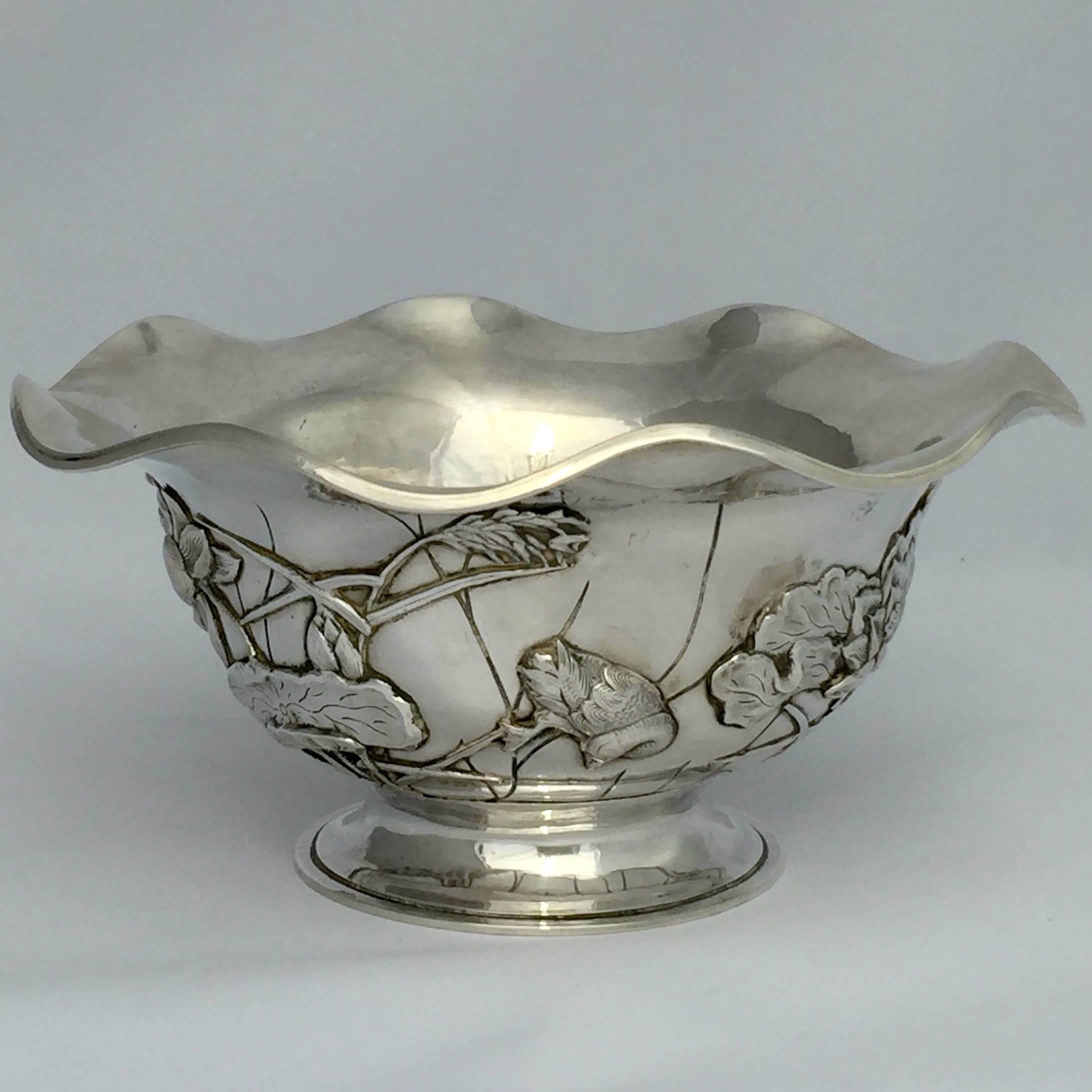 Art Nouveau Chinese Export Silver Bowl by Luen Wo with Lotus Detail