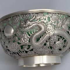 Chinese Export Silver Pierced Large Presentation Bowl with Dragons by Wang Hing