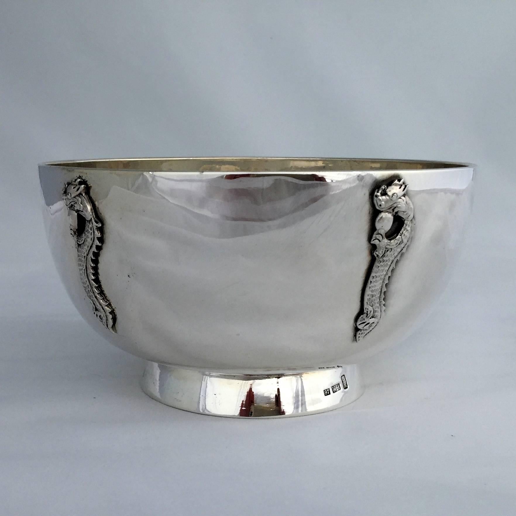 Appliqué Chinese Export Silver Polished Bowl with Applied Vertical Dragons by Wang Hing