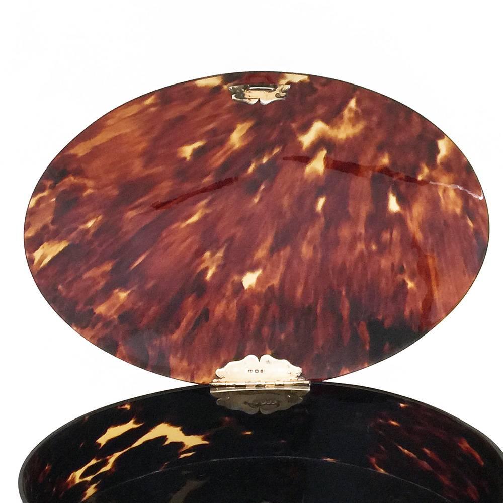 Tortoise Shell Large Art Deco Tortoiseshell Oval Box with Silver Hinges For Sale