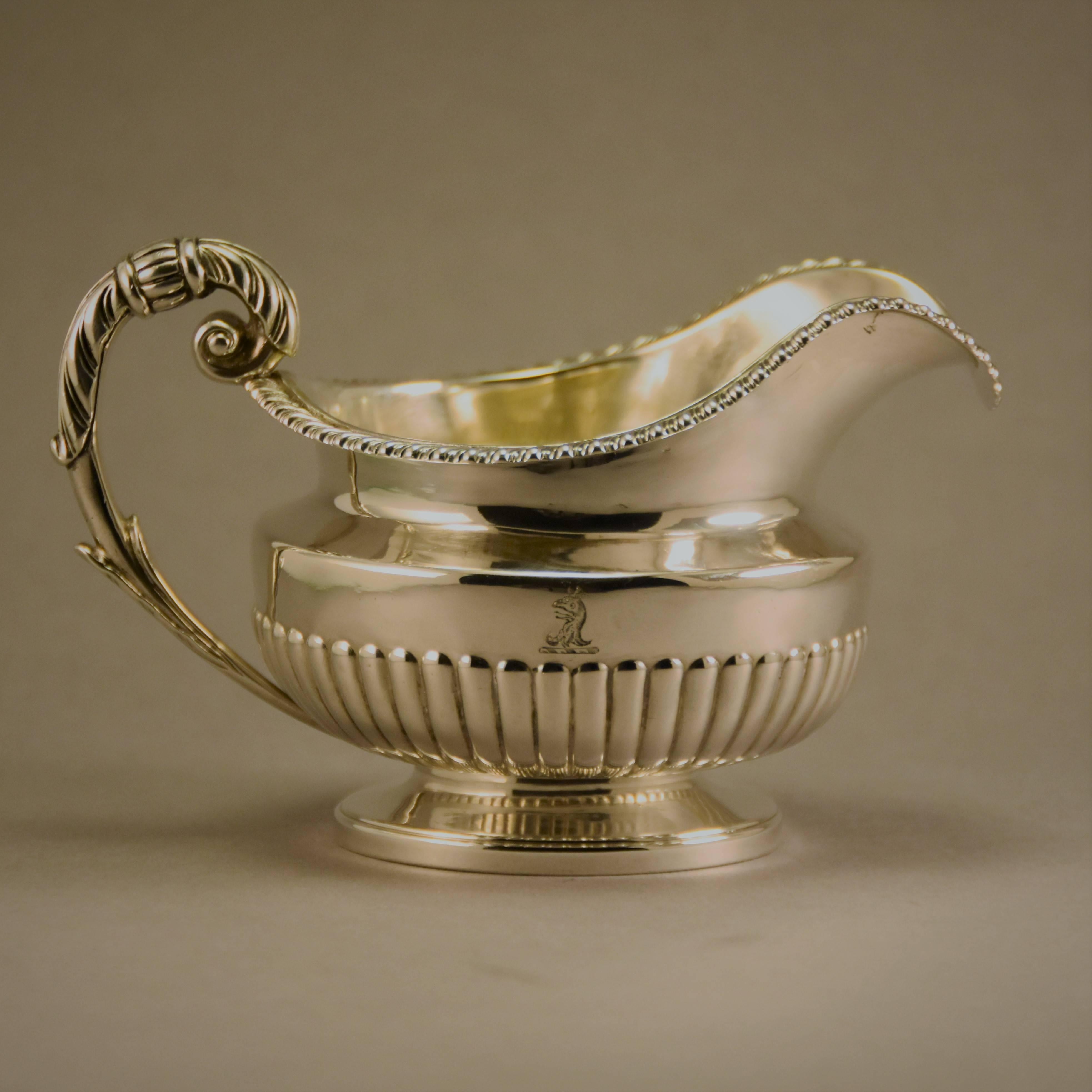 English Sterling Silver Tea Set, Rebecca Emes and Edward Barnard, London, 1823 For Sale