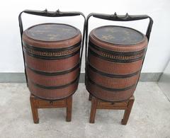 Pair of 19th Century Chinese Round Silk Bamboo Woven Wedding Food Basket