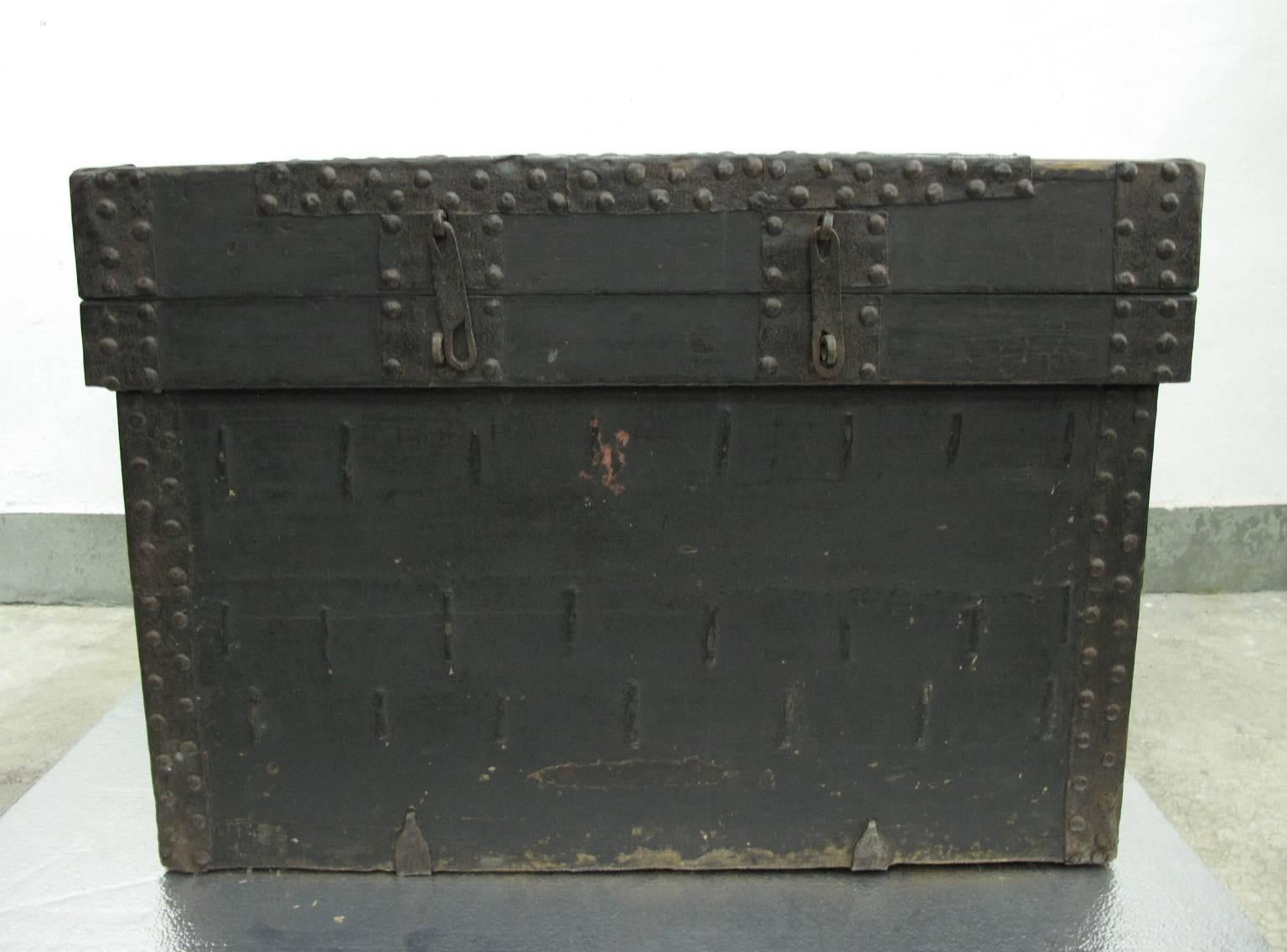 A large black lacquer money chest with original metal ware, from Shanxi Province, China, late 17th century-early 18th century.