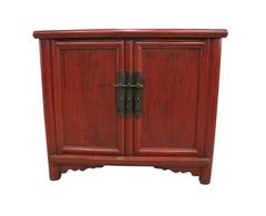 Early 19th Century Chinese Red Lacquer Round Corner Scroll Taper Cabinet