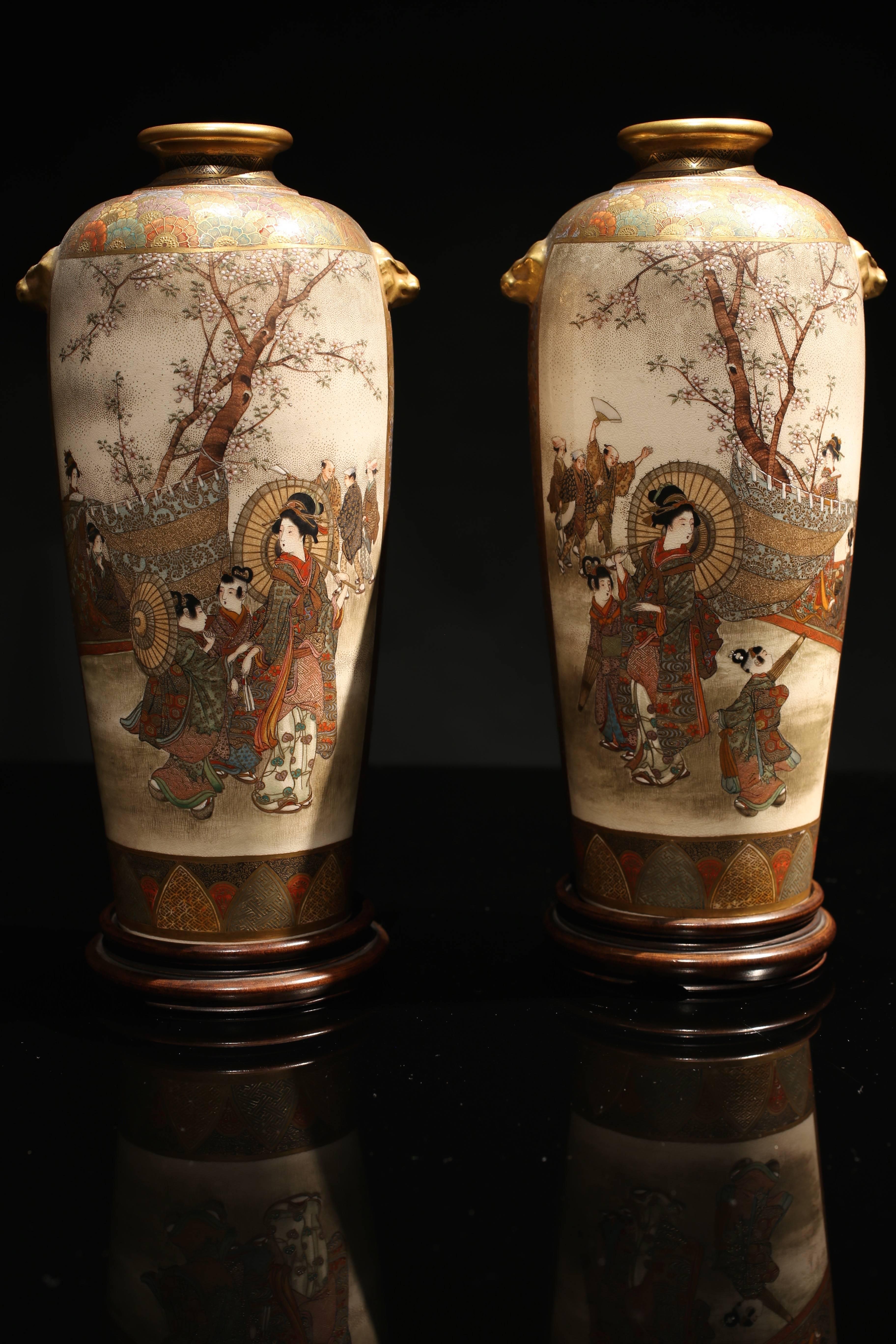 Late 19th Century Superb Quality Pair of Japanese Meiji Period Satsuma Vases by Hozan