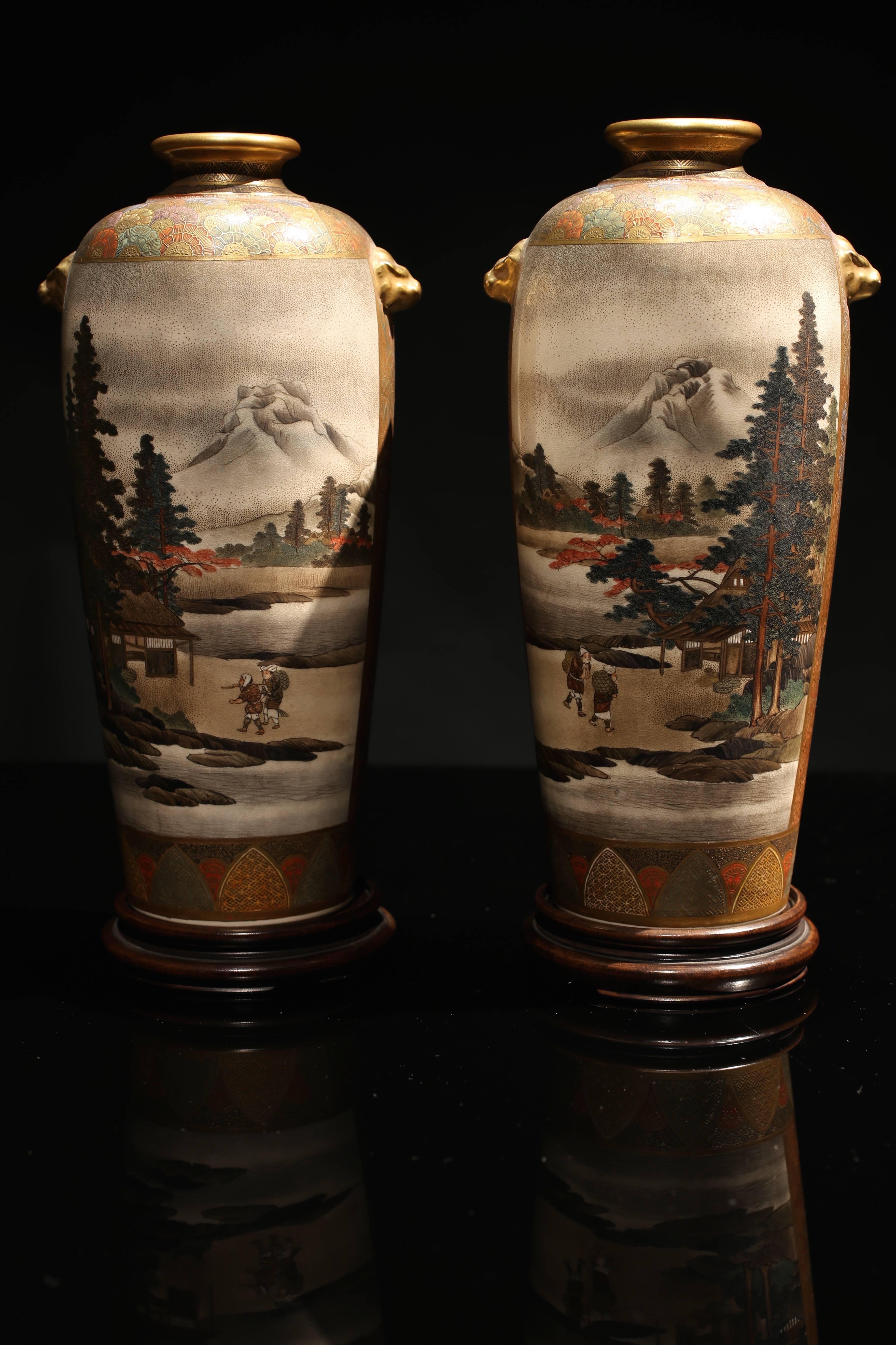 Porcelain Superb Quality Pair of Japanese Meiji Period Satsuma Vases by Hozan