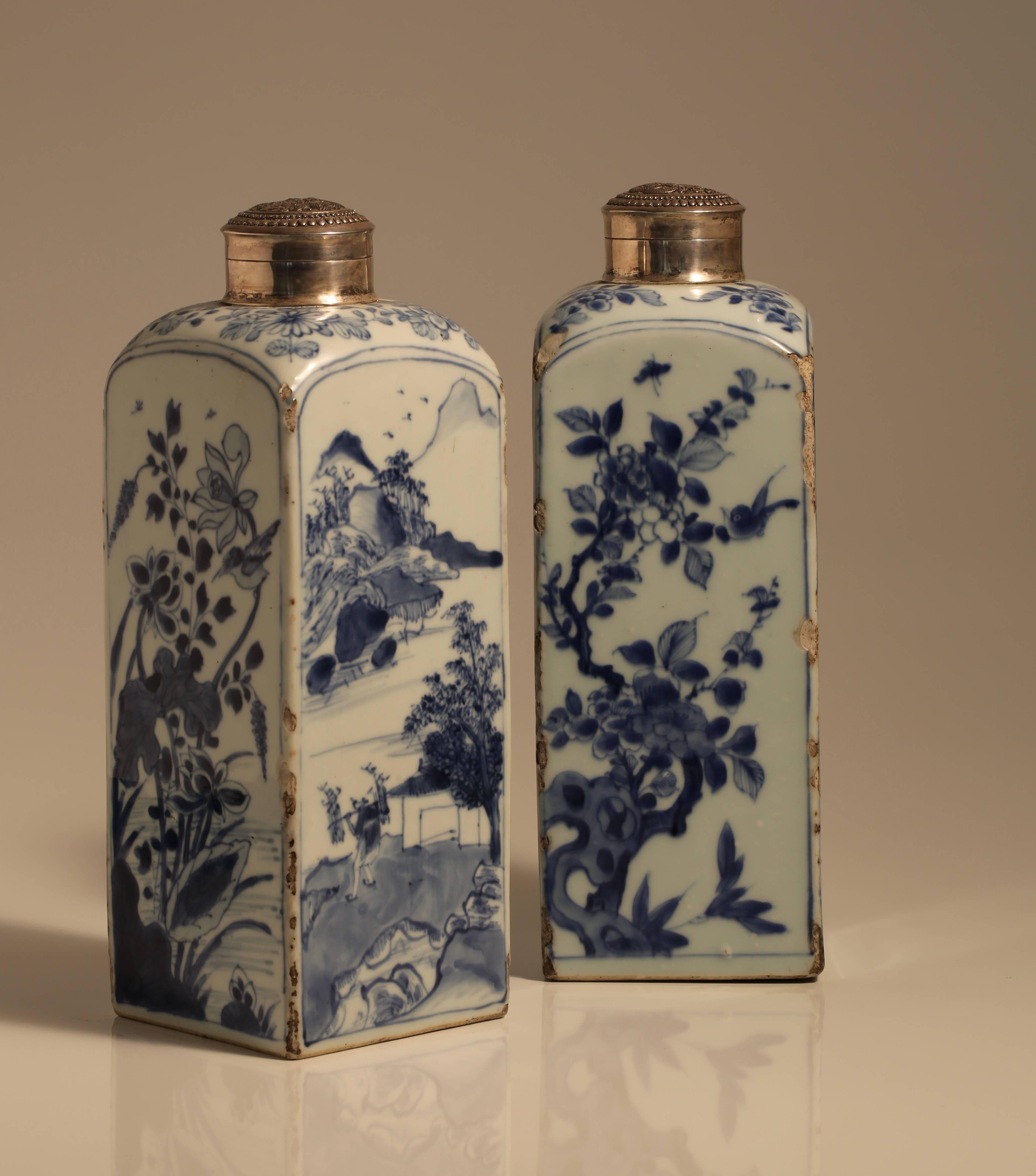 Qing Pair of 17th Century Chinese Blue and White Porcelain Gin Bottles For Sale