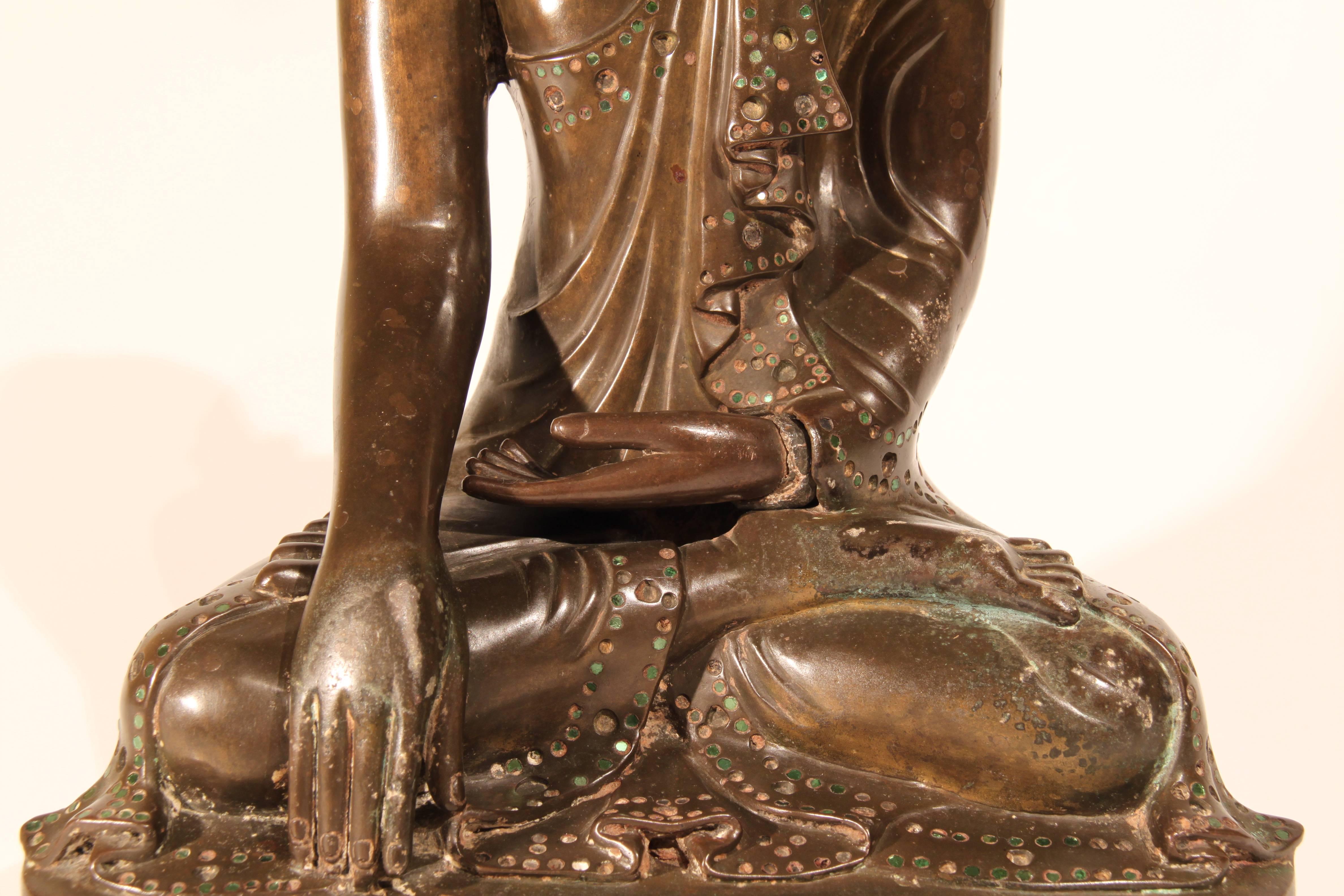 Cast 19th Century Thai Inlaid Bronze Buddha For Sale